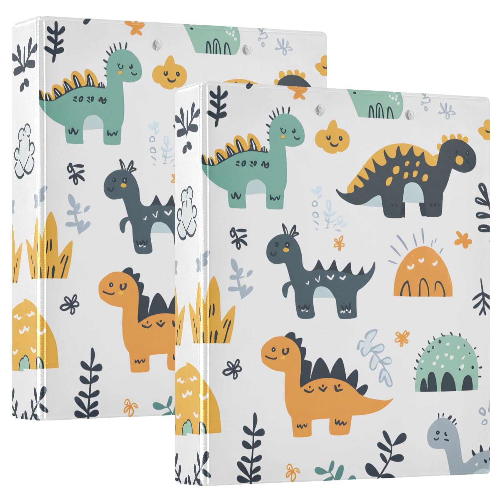 Confezione da 2 raccoglitori a 3 anelli, motivo dinosauro, 3,8 cm, rotondi, con 3 tasche trasparenti, portablocco e contiene 200 fogli, per ufficio, scuola, organizzazione domestica