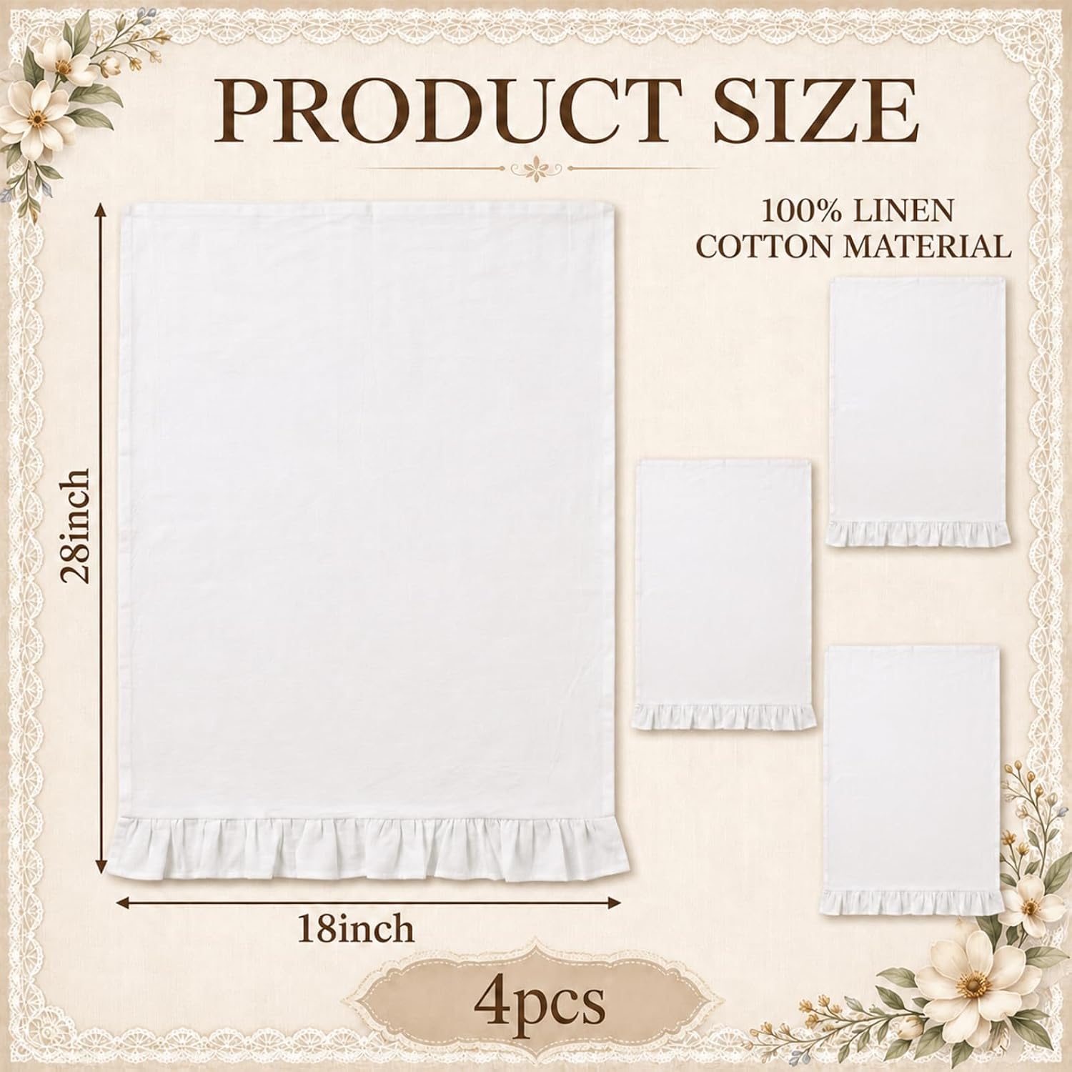 Tranqun 4 Pcs Ruffled Tea Towels 18 x 28 Inch Cotton Linen,White