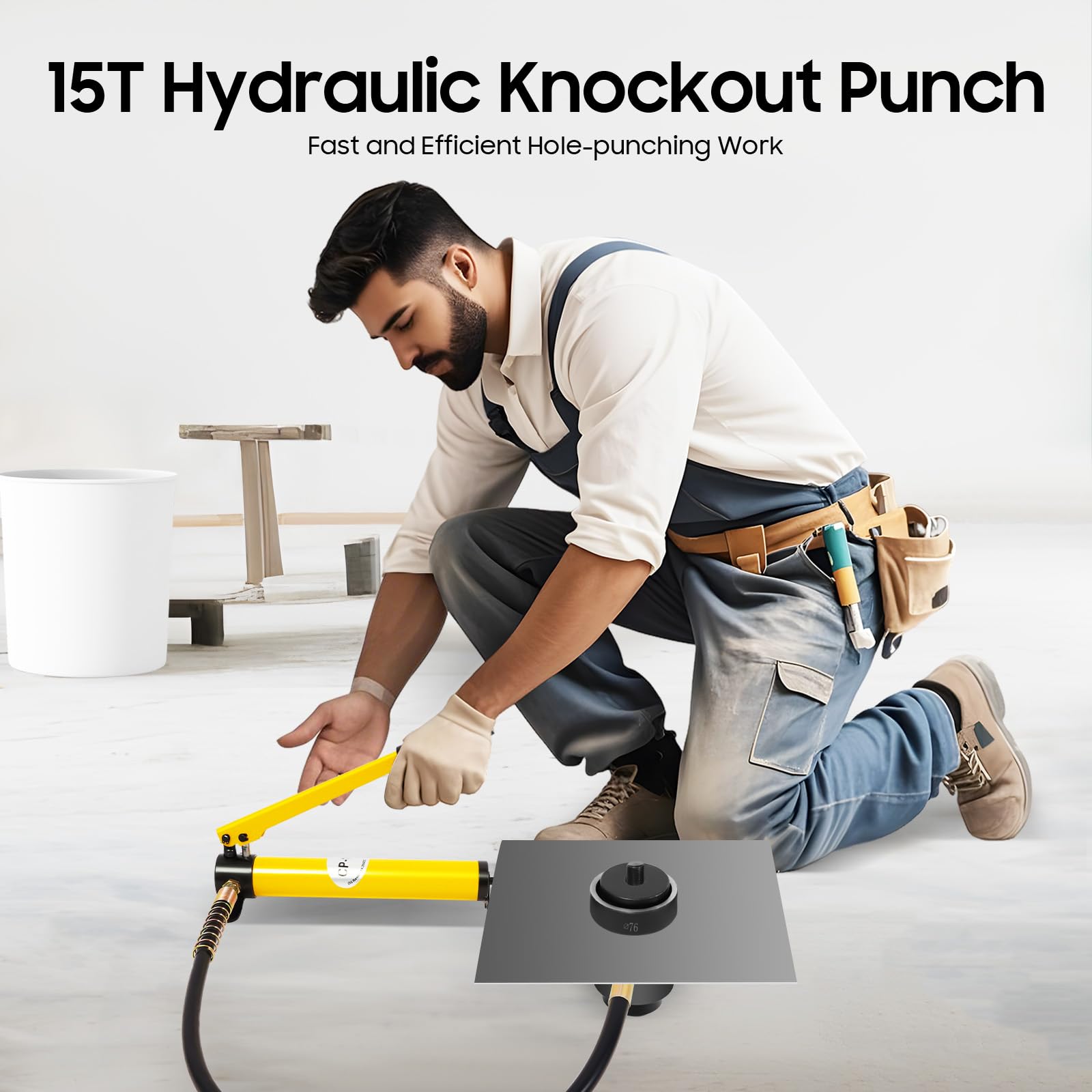 SYK-15 15T - Perforatore idraulico per lamiera, 16-101 mm, con 10 matrici, testa girevole a 360°, valigetta per acciaio inox, alluminio, plastica, 3 mm, piastra gialla