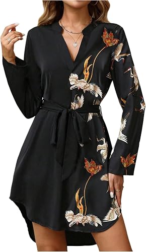 winkbay Women's Retro Print Long Sleeve Belted Notched V Neck Mini Dresses