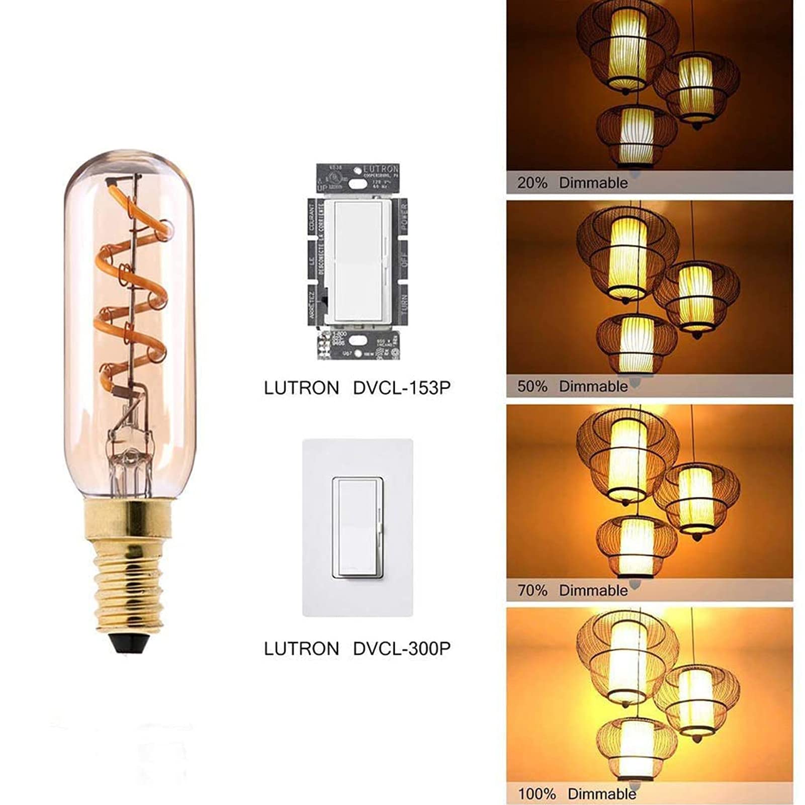 Lampadina LED vintage dimmerabile T25 3W filamento a spirale LED Edison E12 Lampadina, 2200k Giallo caldo, Lampadina illuminazione domestica senza sfarfallio, Confezione 4