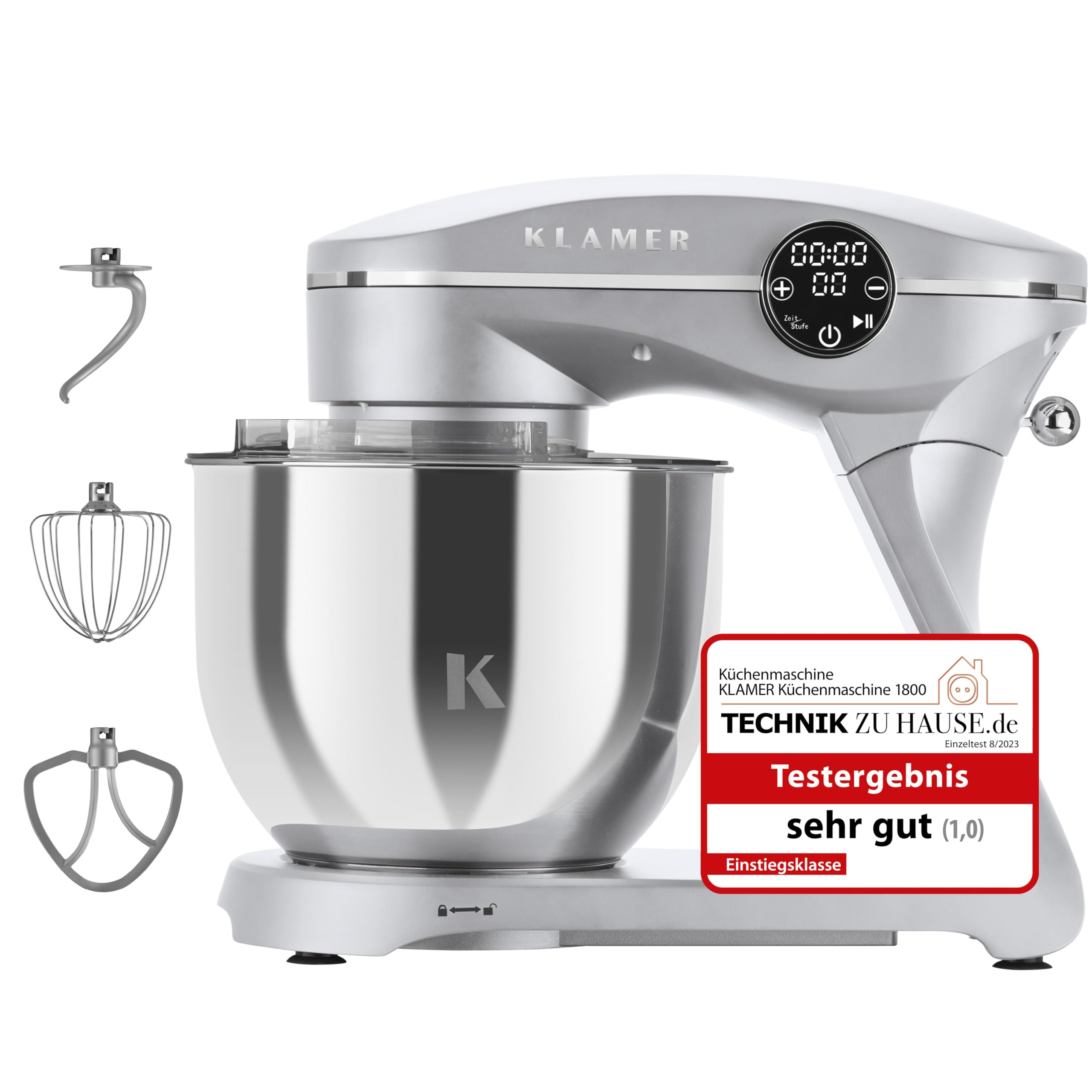 KLAMER Küchenmaschine 1800W, Knetmaschine Brotteig mit Edelstahl-Rührschüssel 6 L, 10 Stufen mit Timer, Planetenrührwerk, Rührbesen, Knethaken, Schneebesen & Sichtdeckel (silber)