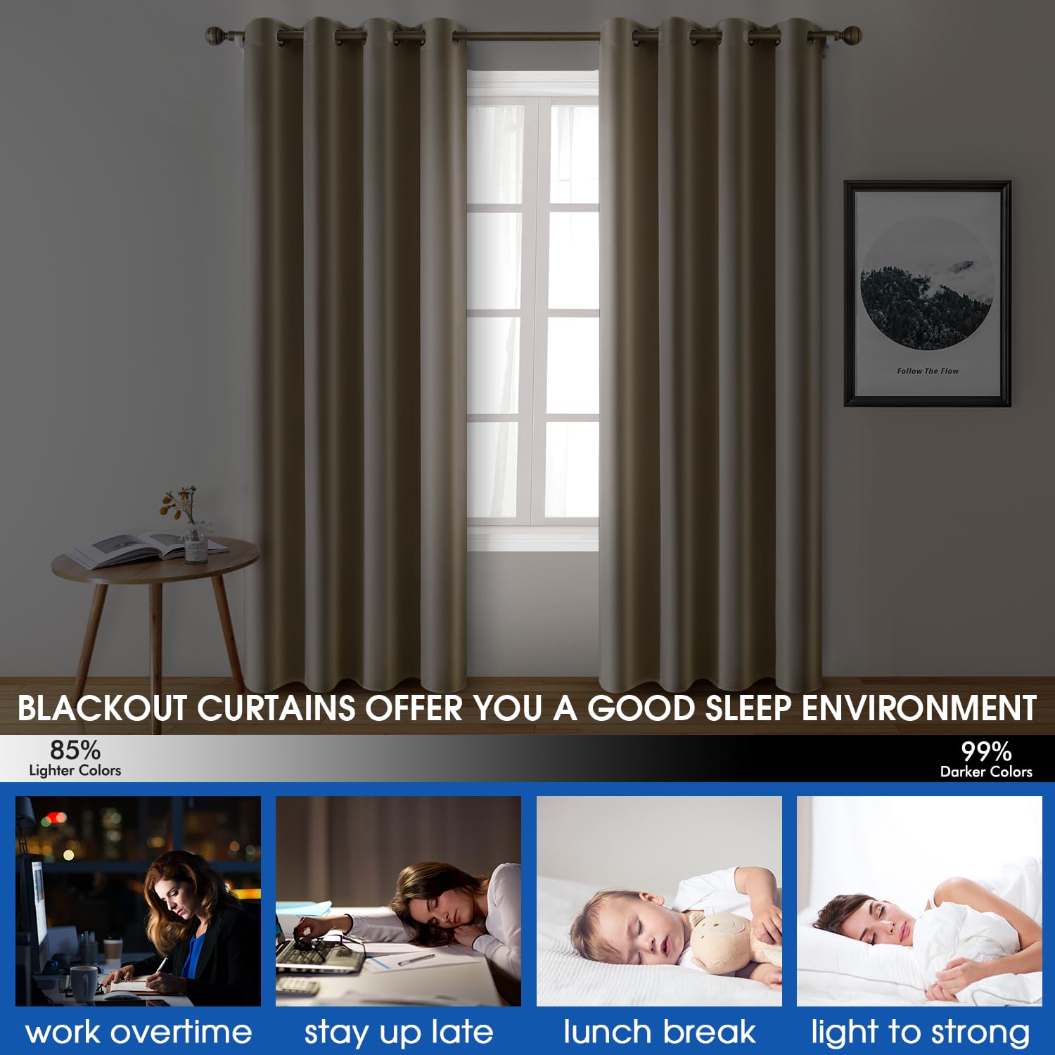 HOMEIDEAS Lot de 2 rideaux occultants beiges en soie synthétique - 132 x 213 cm - Rideaux de fenêtre occultants en satin à isolation thermique pour chambre à coucher et intérieur - Champagne doré
