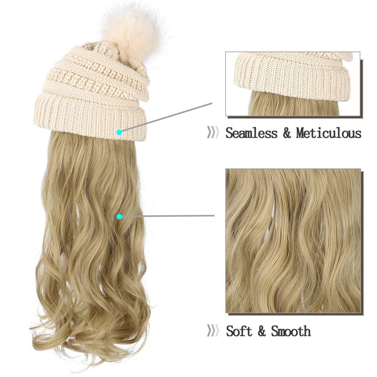 Qlenkay Beanie Hat with Long Wavy Curly Hair Extensions Khaki Knit Cap Attached 20inch Synthetic Wig Detachable Hairpiece Warm Pom for Women Winter Ash Blonde