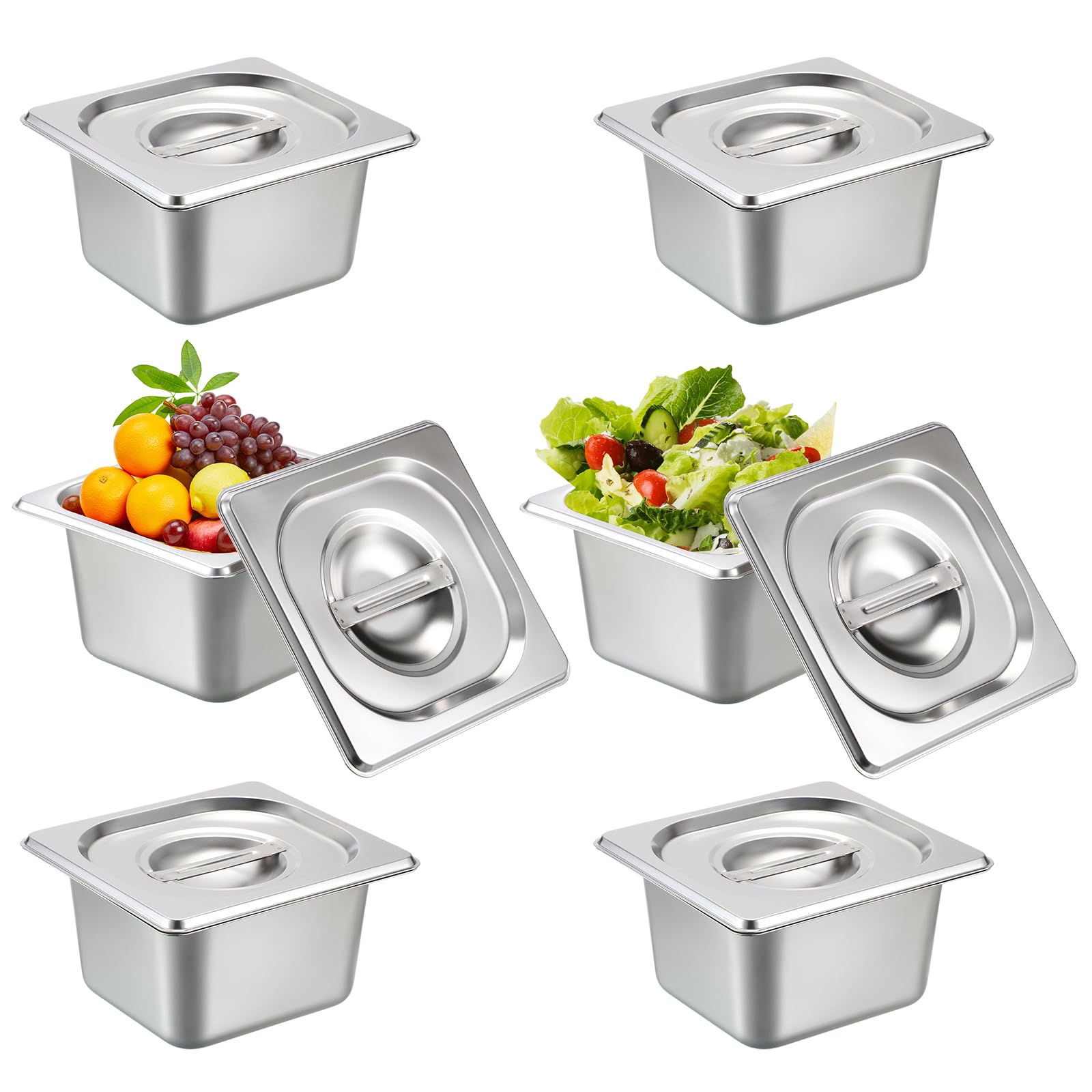 SUMNACON 6x1/6 Gastronormbehälter aus lebensmittelecht Edelstahl,Stapelbare Panierset mit Deckel,von -60° bis 400°C,Spülmaschinenfest Panierschalen für Schnitzel Fleisch Fischsch Obst EisSauce 10cm