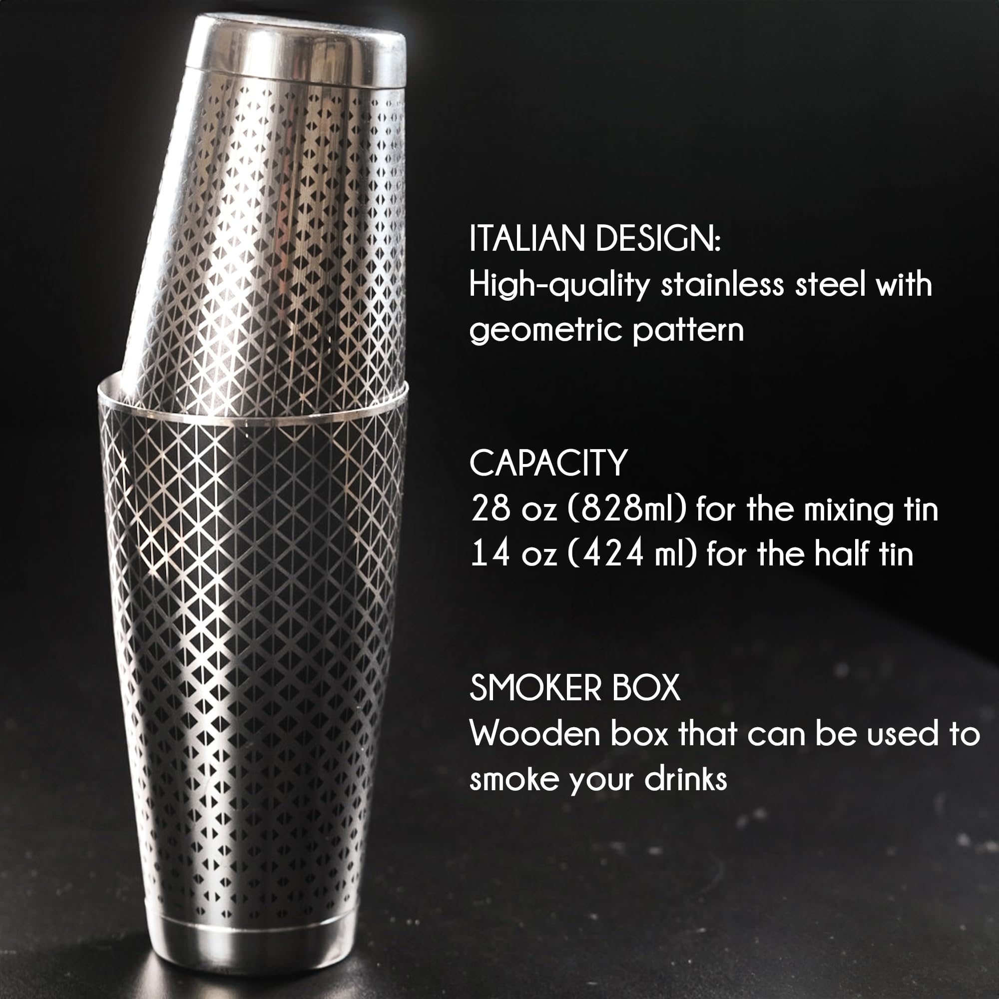 Kidia Boston Shaker Profesjonalny ze Stali Nierdzewnej 304 z Czarno‑Geometrycznym Wzorem – Zestaw Tin‑on‑Tin 828 ml + 424 ml – Drewniane Etui – Zestaw Barmana do Cocktaili, Bar, Dom, Elegancki Prezent