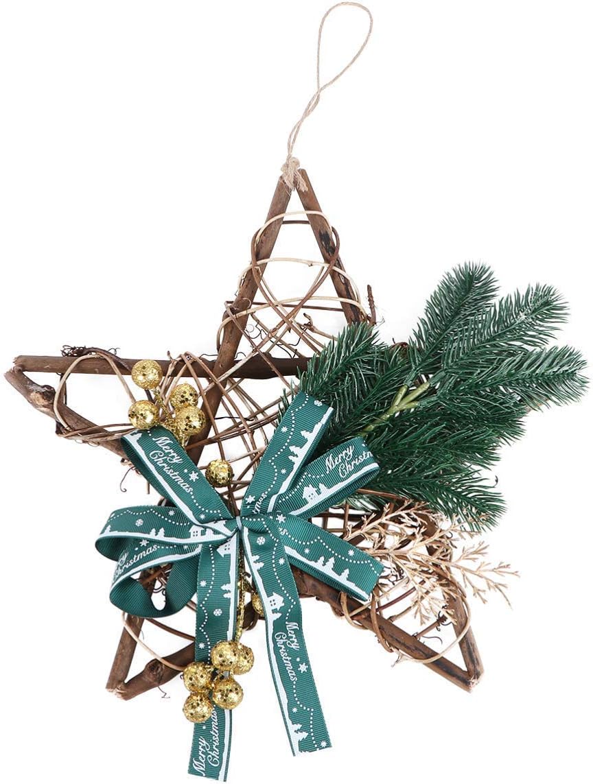 Rattan Star with Bow Pine Needles Branches Christmas Xmas Tree Tree Hanging Festive Season Pendants Decorations for Home Bar Shop