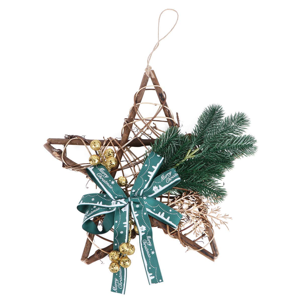 Rattan Star with Bow Pine Needles Branches Christmas Xmas Tree Tree Hanging Festive Season Pendants Decorations for Home Bar Shop