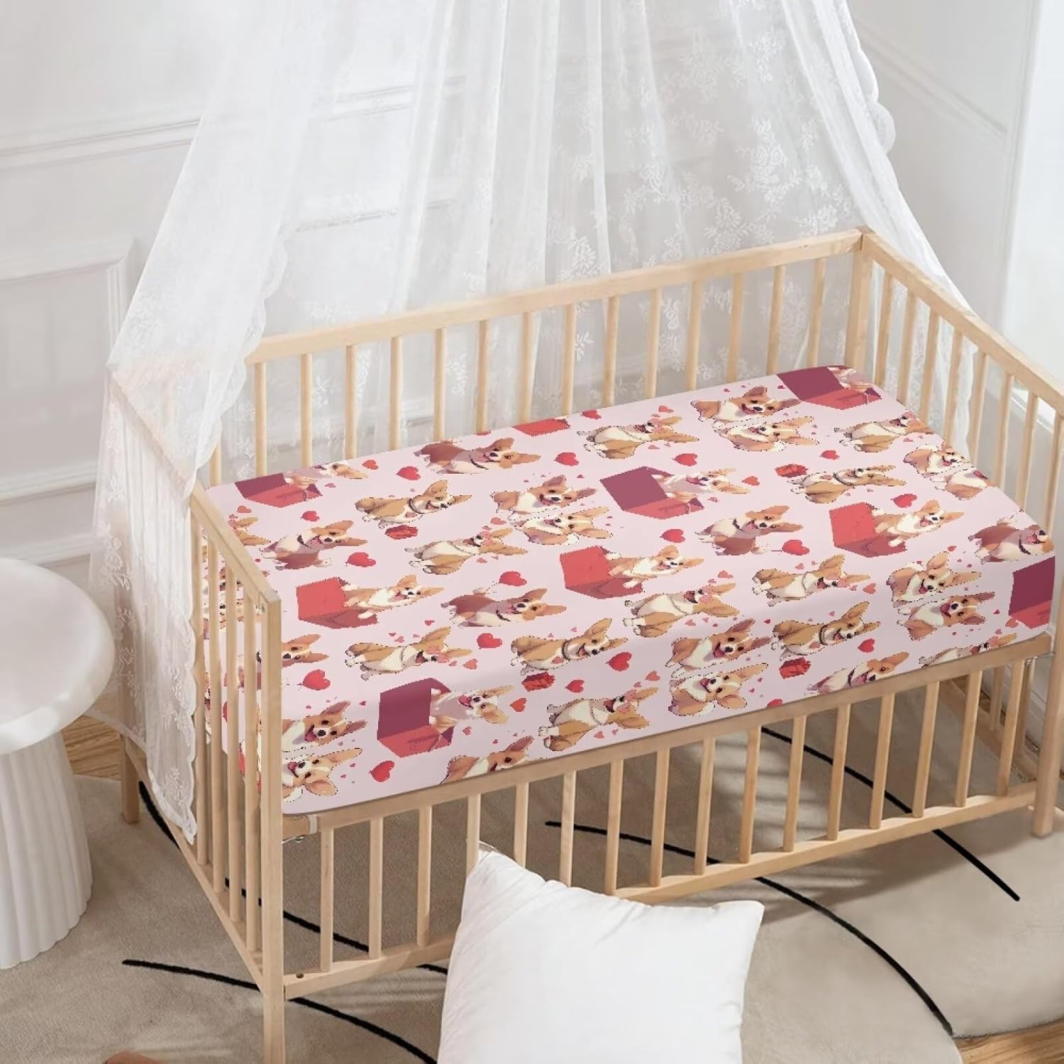 Valentine's Day Corgi Crib Mattress Protector Stretchy Crib Mattress Pad Cover Ultra Soft & Breathable Toddler Mattress Protector for Standard Baby Crib Size 52''x28''