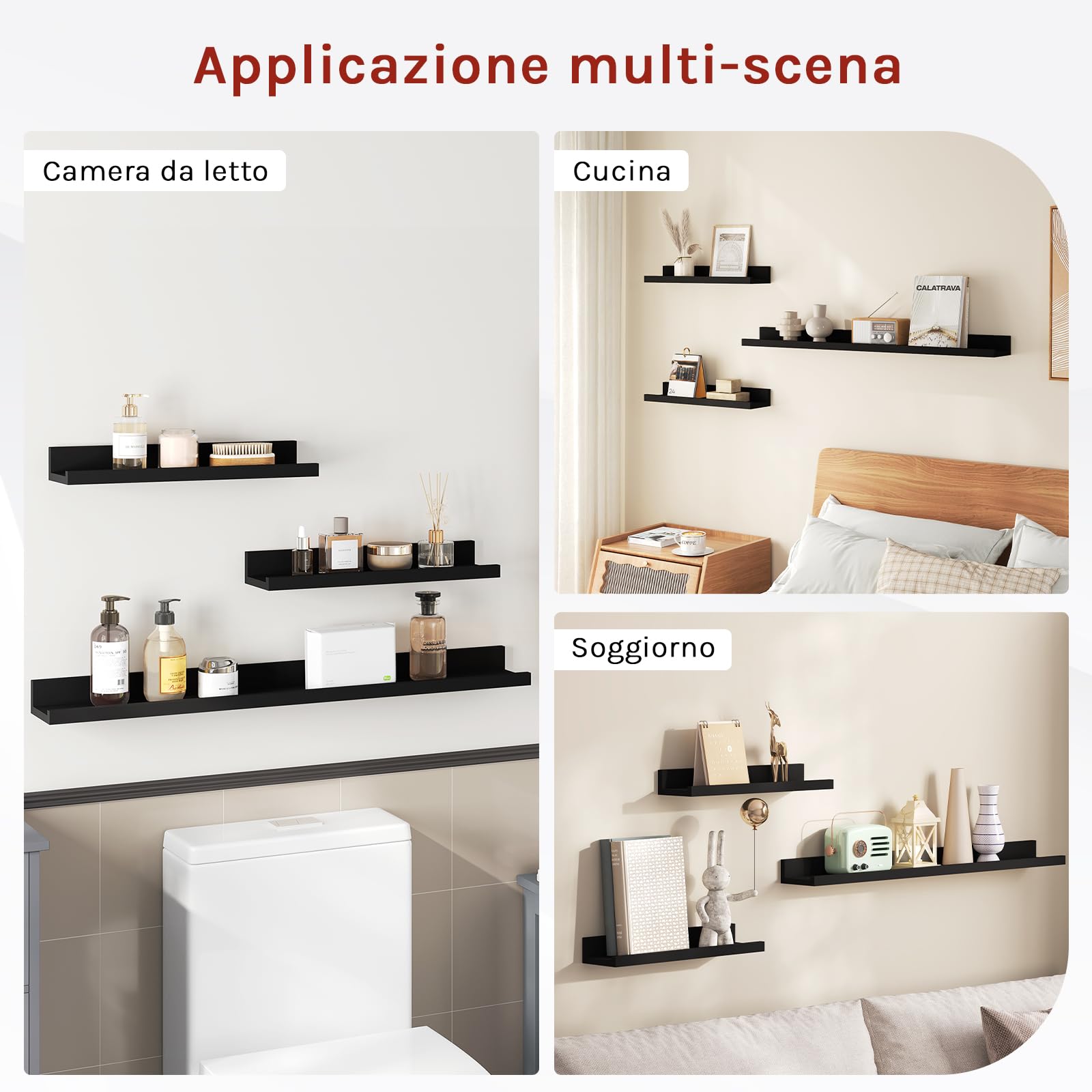 WOLTU Mensole da Muro Design Set di 3, Scaffale Galleggiante con Bordo, Decorazione Parete per Soggiorno Ufficio Camera da Letto Cucina, Nero