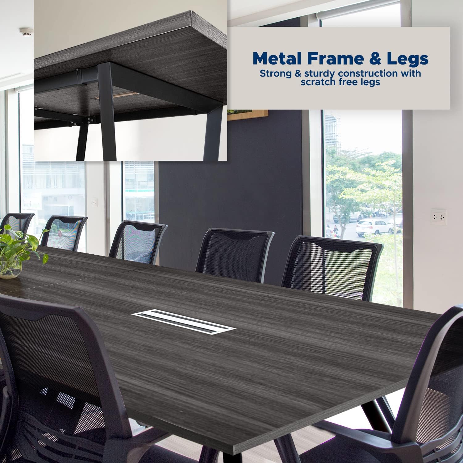 ahliss Sturdy Conference Table with Cable Management Grommets Modern Rectangle Office Meeting Table with Wood Tabletop and Metal Frame & Legs- Easy Assembly Boardroom Table (Grey, 12 Foot) : Office Products