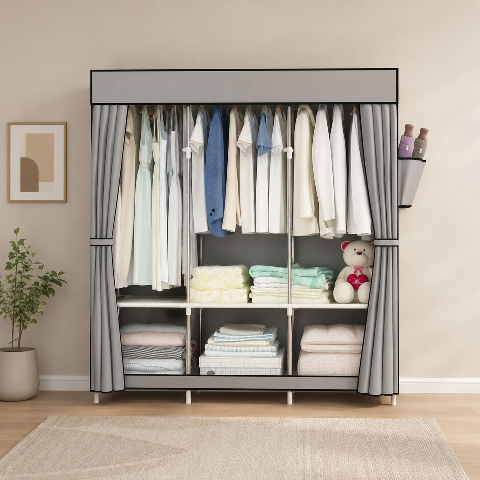 Generisch Kleiderschrank Stoff Stabil, Stoffschrank mit Fächern, Stoffschrank mit großer Kapazität, mit Abdeckung, 6 Lagerregalen und 3 Kleiderstangen, Stabiler Freistehender,Lila,41.3''