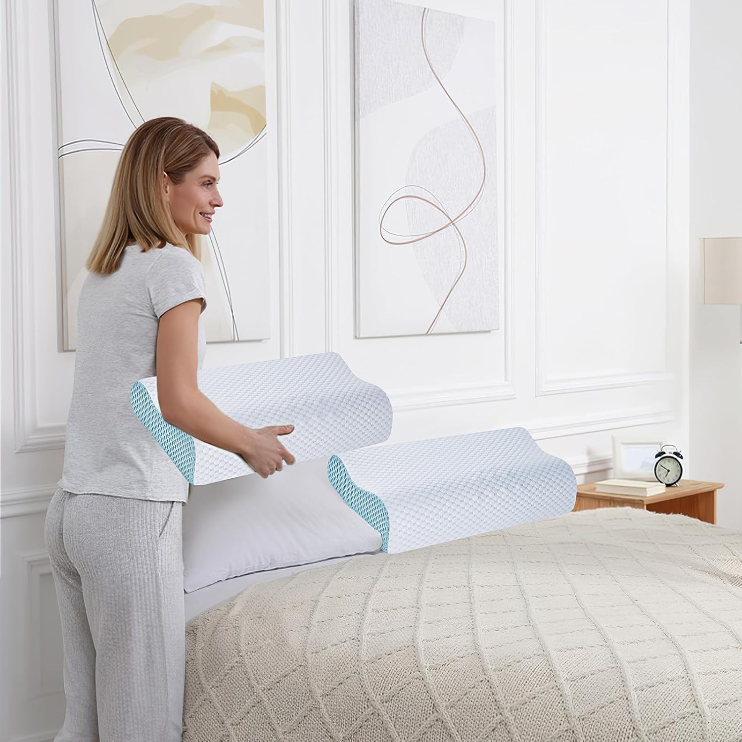 Memory Foam Pillows 2 Pack Neck Pillow - Neck Support Pillow for Pain Relief, Ergonomic Cervical Pillow for Sleeping, Orthopedic Contour Bed Pillow for Side, Back, Stomach Sleepers,Blue - Image 8