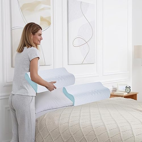 Miniatura 7 de Paquete de 2 almohadas refrescantes de espuma viscoelástica para dormir, almohada cervical ergonómica para aliviar el dolor de cuello y hombros,