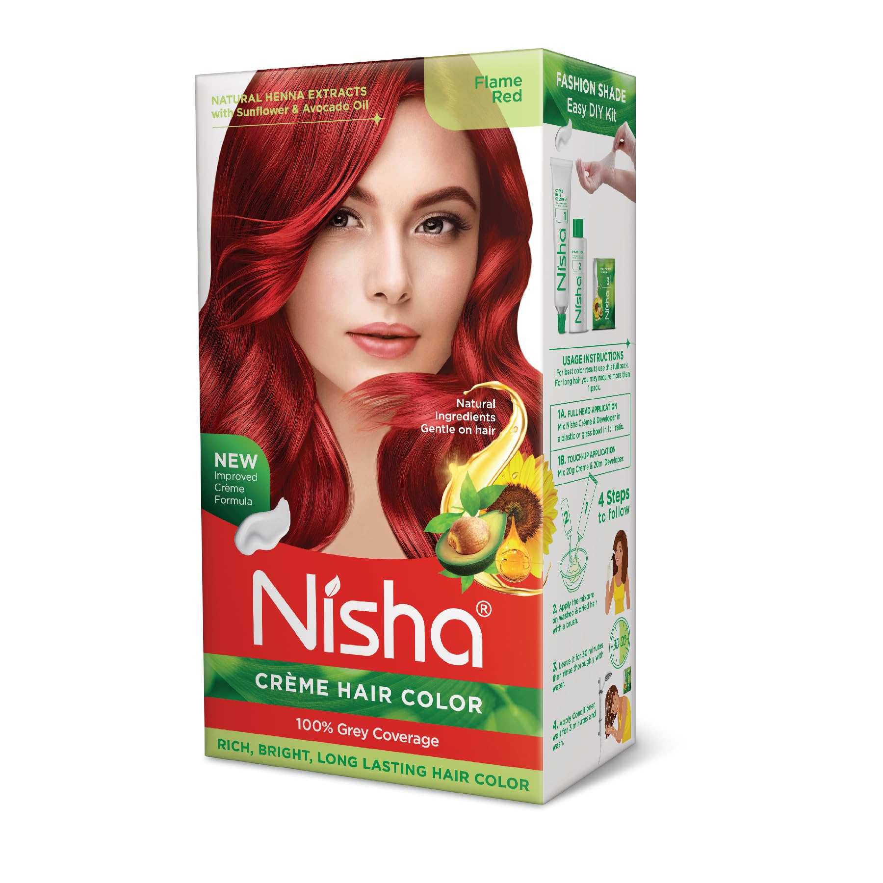 Nisha Creme Hair Color, Permanent Hair Colour Flame Red, Silky & Shiny 100% Grey Coverage Rich Bright Long Lasting Hair Colouring For Ultra Soft Deep Shine Hair Dye (Pack of 1)