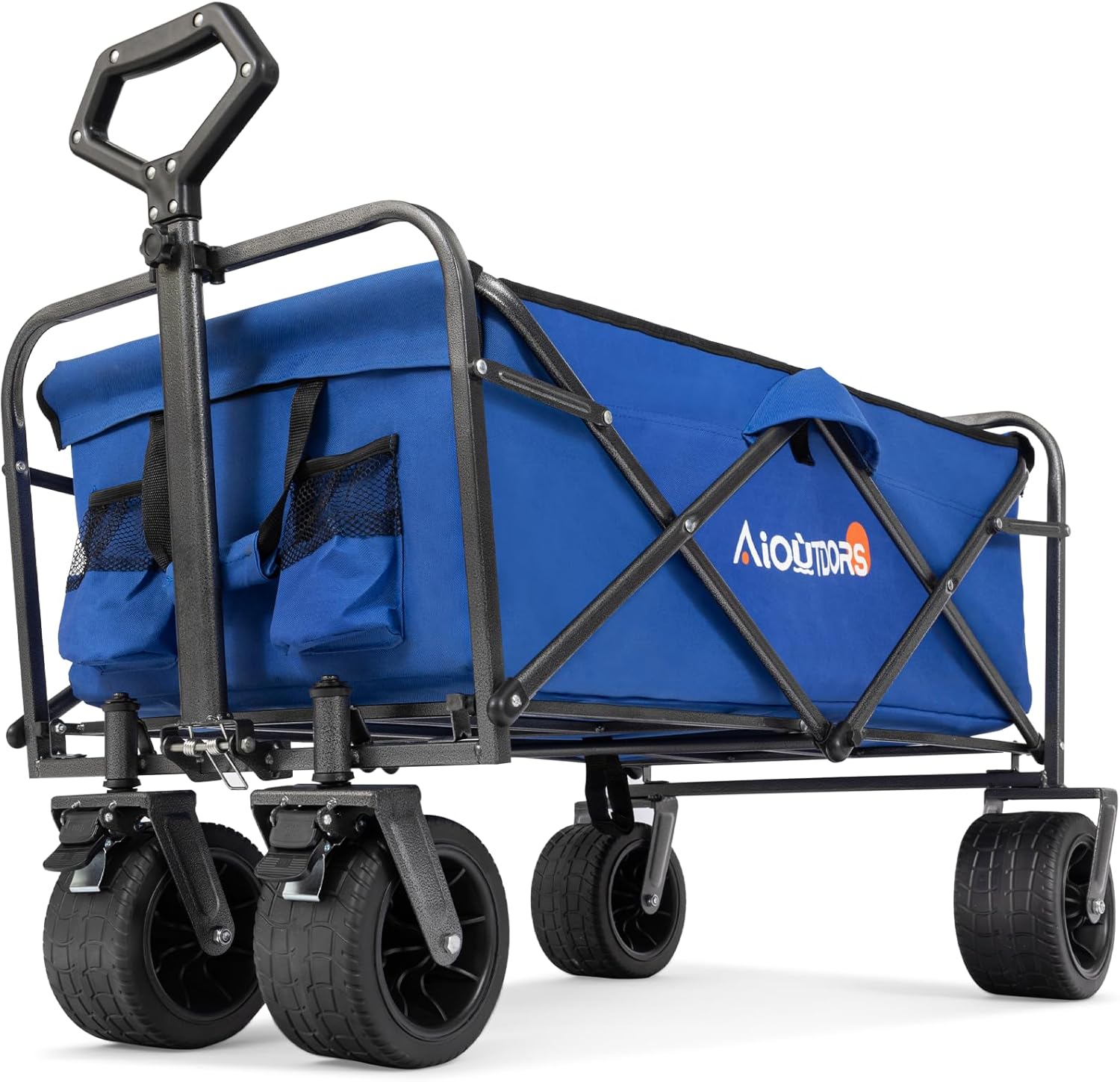 Aioutdors Collapsible Folding Wagon Garden Shopping,Utility Beach Cart with Big Wheels for Sand,Outdoor Grocery Wagons Carts Heavy Duty Foldable Blue…