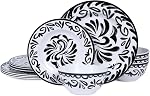 12-Piece Melamine Dinnerware Sets,Unbreakable Dinnerware for Indoor and Outdoor Use, Dishwasher Safe, Lightweight Dinner Service for 4, Black and White, Retro Flower, ZS-DM011