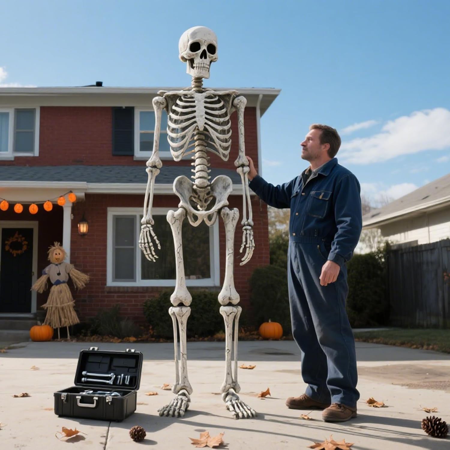 8ft Halloween Giant Skeleton - Posable with Glowing Eyes & Luminescent Paint, Tall Outdoor Skeleton Full Body Life-Like Bones for Halloween Decorations