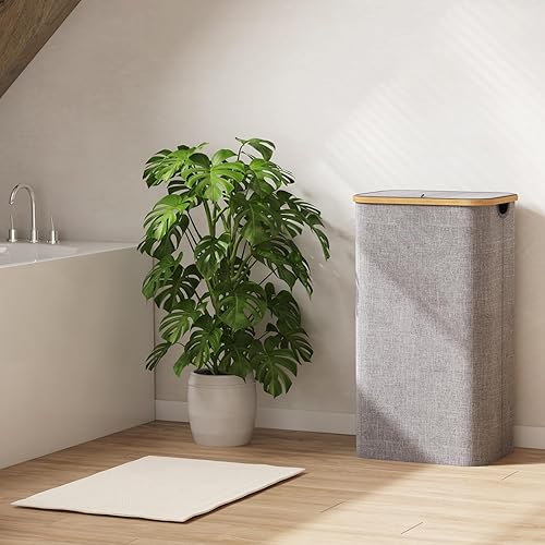 Miniatura 89 de Lifewit Cesta grande de 100 litros con tapa para ropa con asas de bambú y bolsa extraíble, plegable para dormitorio, baño, residencia universitaria