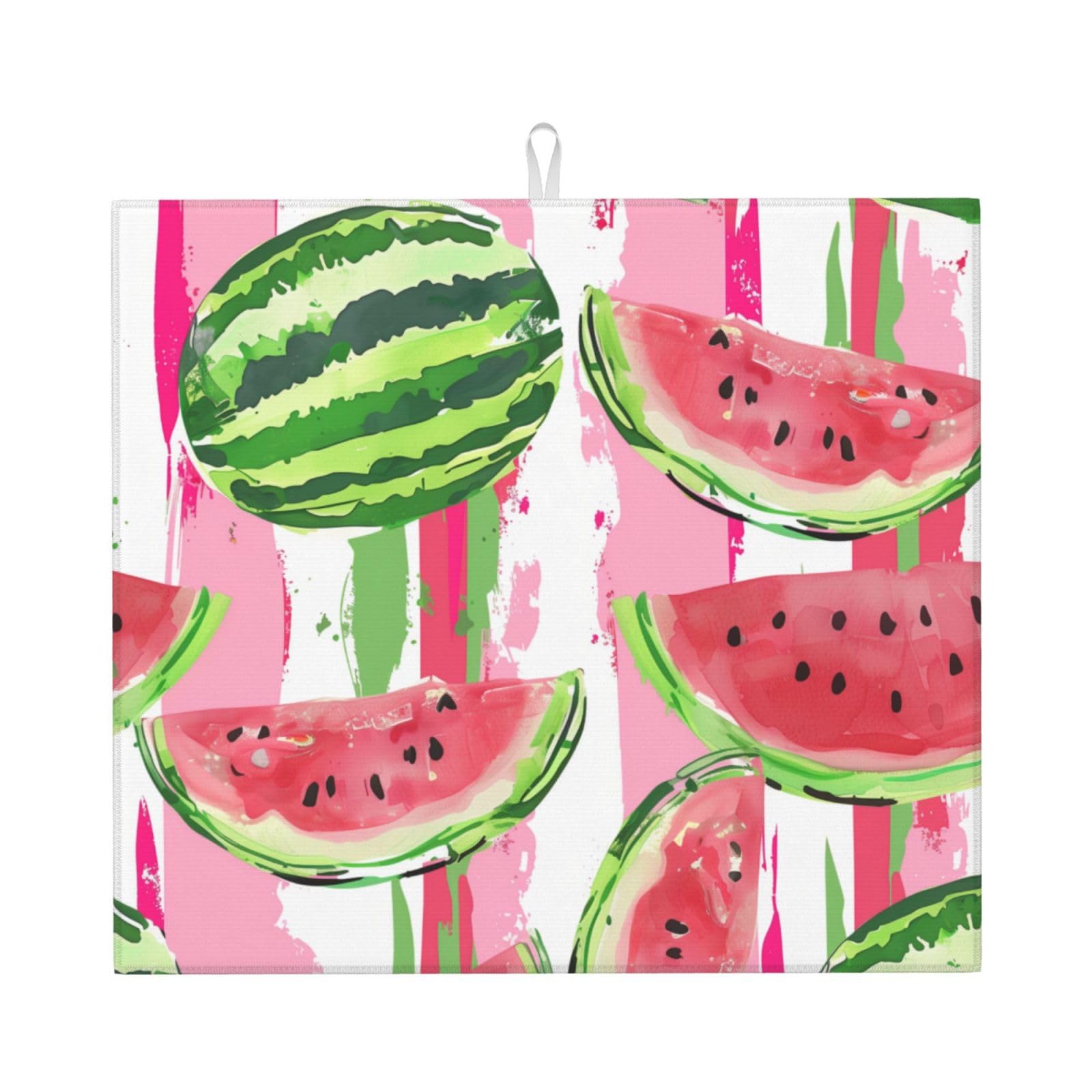 Dish Drying Mat for Kitchen Counter, Summer Fruit Watermelon Sweet Watercolor Cartoon Pattern Super Absorbent Dish Rack Mats with Hanging Loop, 16 X 18 Inch