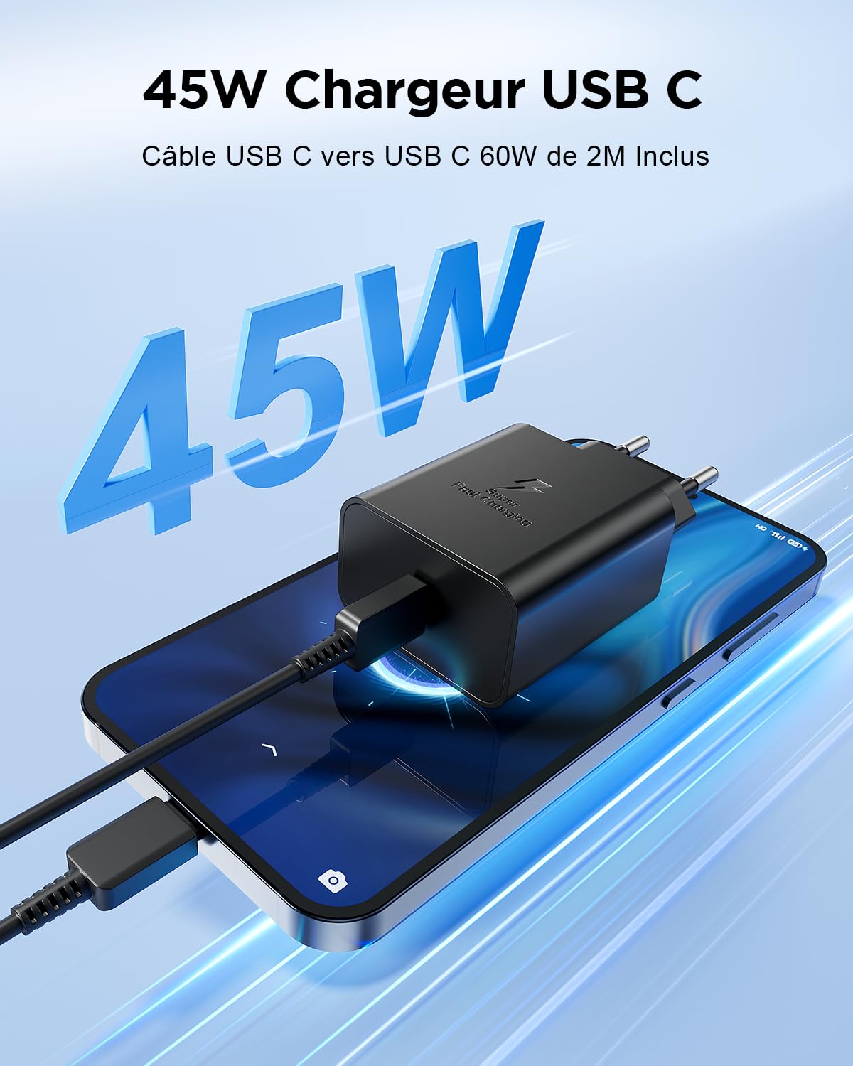 Chargeur USB C 45W Chargeur Samsung Charge Rapide et 2M Câble pour Samsung Galaxy S26 S25 Ultra S24 S23 S22 S21 FE A57 A56 A55 A54 A37 A36 A35 A25 A26 A17 A16, Prise USB C Secteur Type C Adaptateur