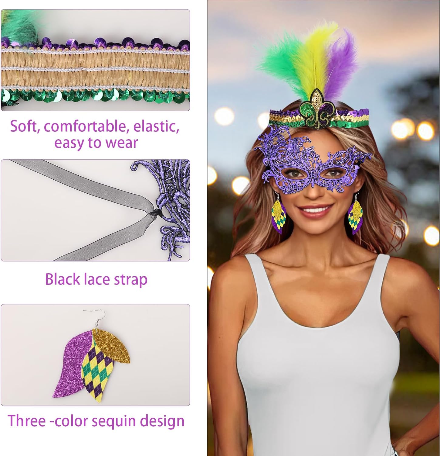 Aitsite 4Pcs Mardi Gras Outfit for Women,Shawl Scarf with Mardi Gras Accessories Including Mask Feather Headband Earrings - Image 4