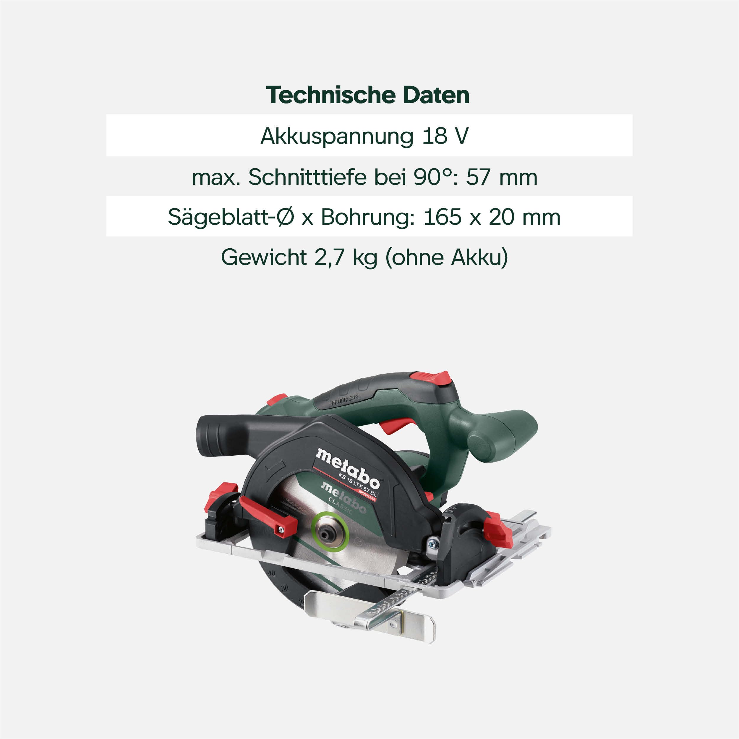 metabo KS 18 LTX 57 BL Akku-Handkreissäge, 18V Brushless, 57mm Schnitttiefe | Präzise Schnitte, Aluminium-Bodenplatte, Schrägschnitte bis 50°, 45° Rastpunkt, inkl. metaBOX, ohne Akku & Ladegerät.