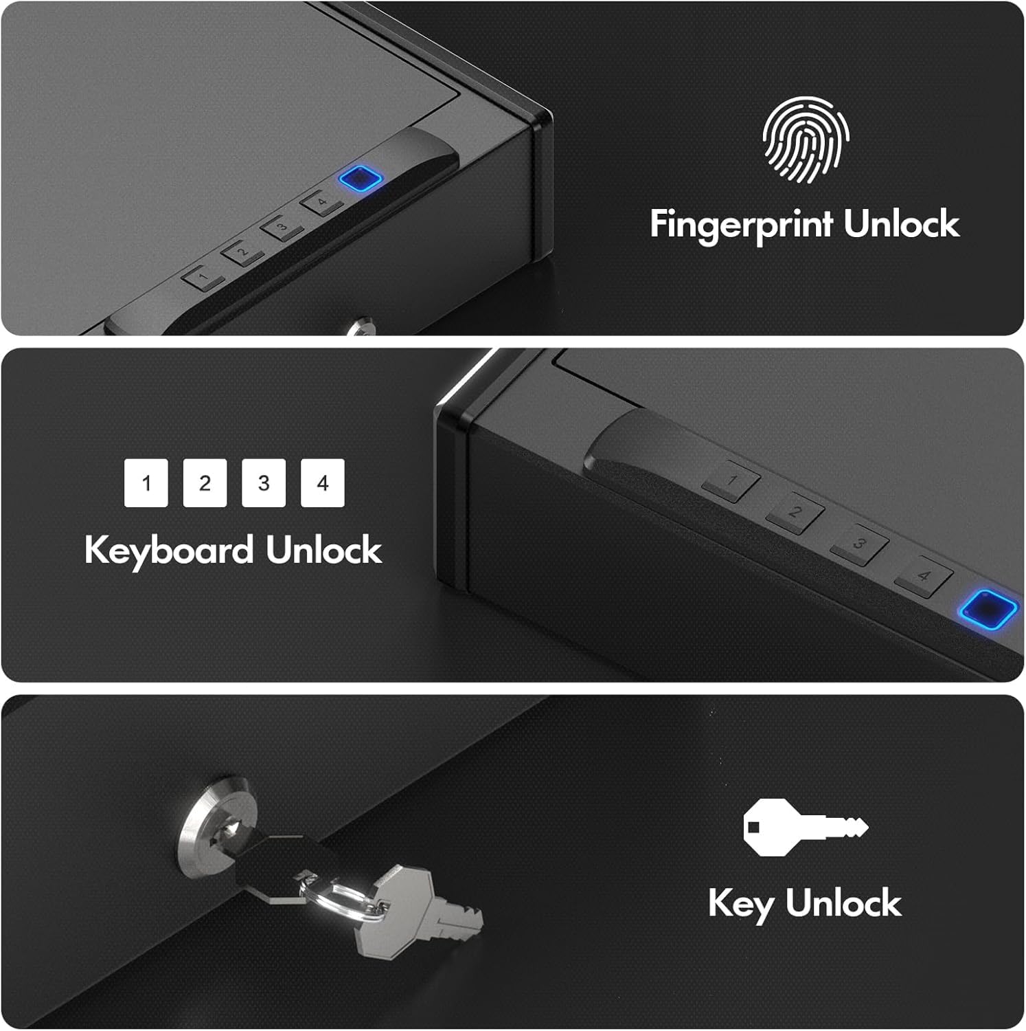 Biometrischer Waffenschrank für Pistolen – 3-Wege-Schnellzugriff-Handfeuerwaffenschrank mit Fingerabdruck/digitalem Tastenfeld/Schlüssel, für Zuhause, Nachttisch und Auto, schwarz lackiert