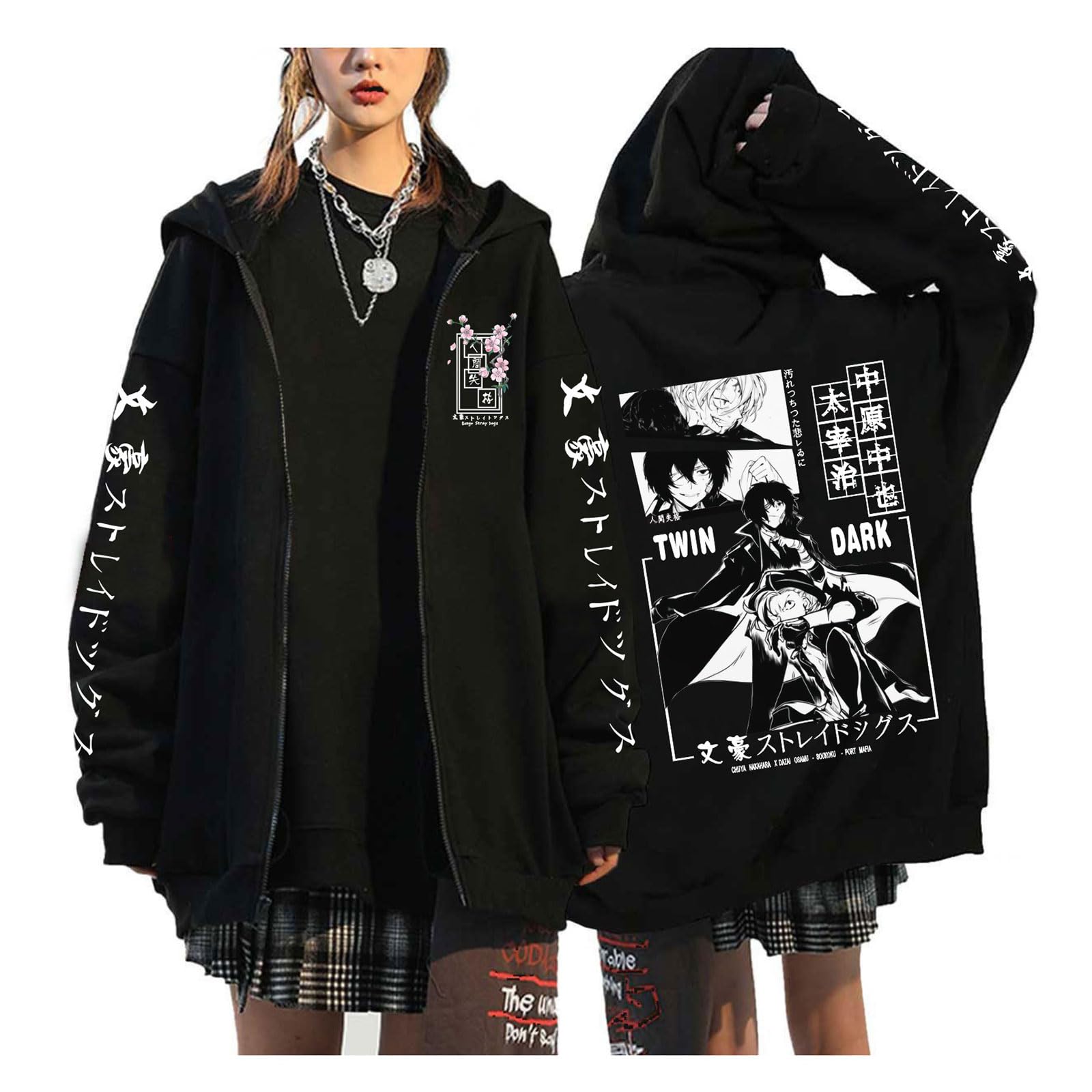 Zhedu Unisex Color 02 Bungou Stray Dogs Plus Size Zip Up Pullover Japan Anime Manga Hoodies Teenage Harajuku Drop Shoulder Casual Hip Hop Streetwear (3Xl,)