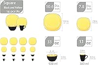 Vista 2 de Juego de vajilla de gres de 16 piezas en forma cuadrada, interior amarillo brillante + exterior negro mate Negro y amarillo