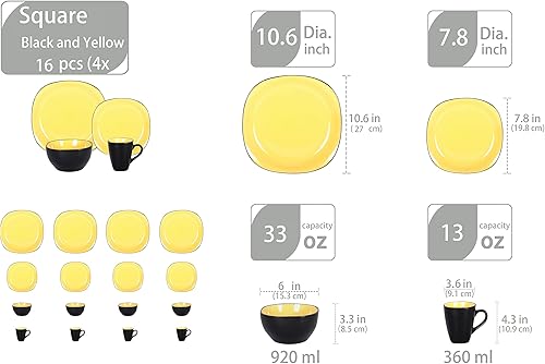 Miniatura 2 de HomeVss, Juego de vajilla cuadrada de cerámica de 16 piezas, interior amarillo brillante + exterior negro mate