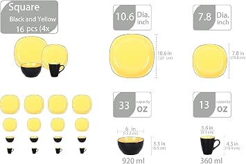 HomeVss, Stoneware Square 16pc Dinnerware Set, Inside Shiny Yellow + Outside Matte Black
