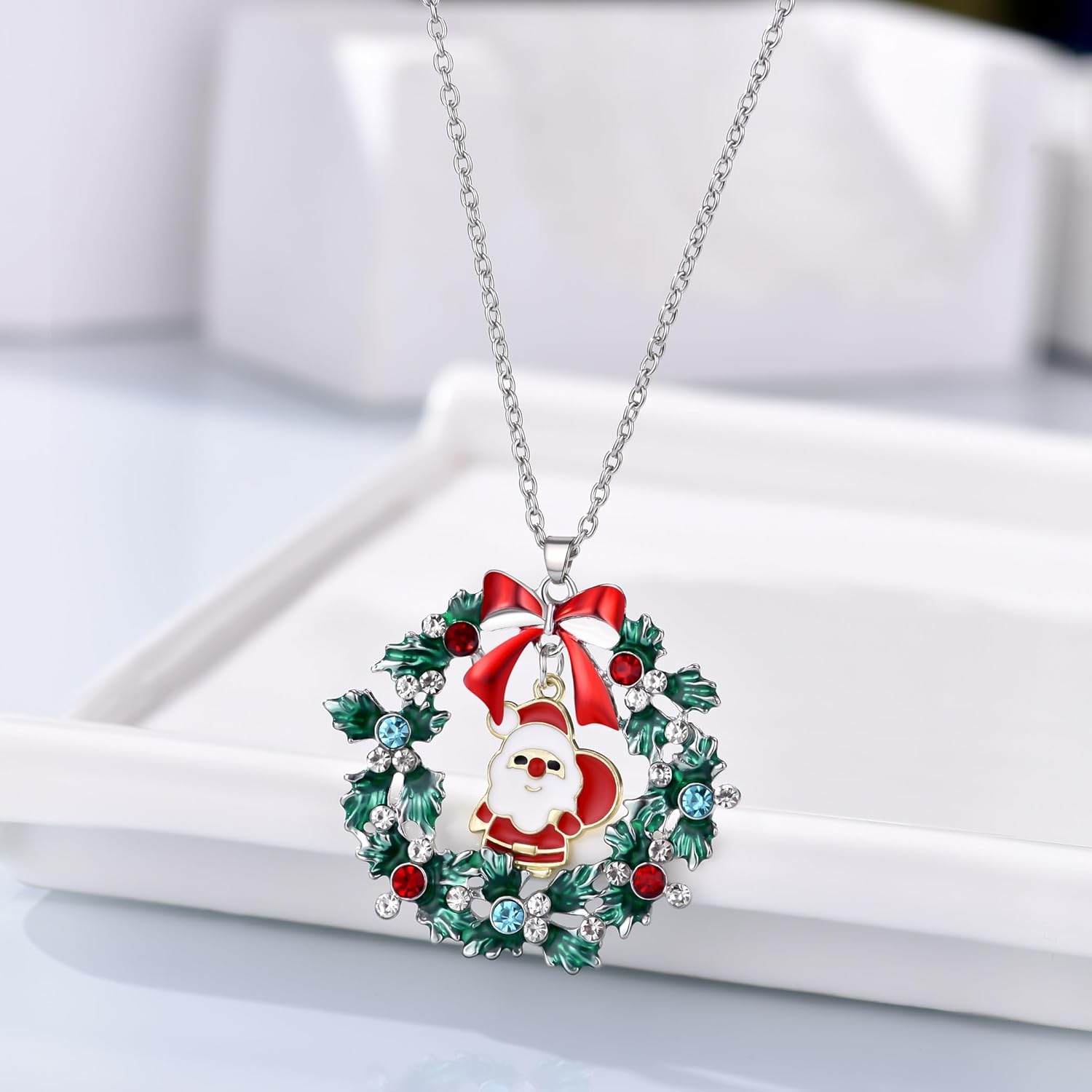 Christmas Necklaces for Women Xmas Wreath Pendant Necklace Holiday Jewelry Gift - Image 4