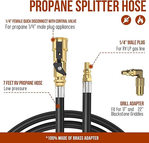Miniatura 10 de Manguera de conexión rápida de propano RV de 12 pies, con válvula de cierre de seguridad de 14 pulgadas y enchufe macho de flujo completo de 14