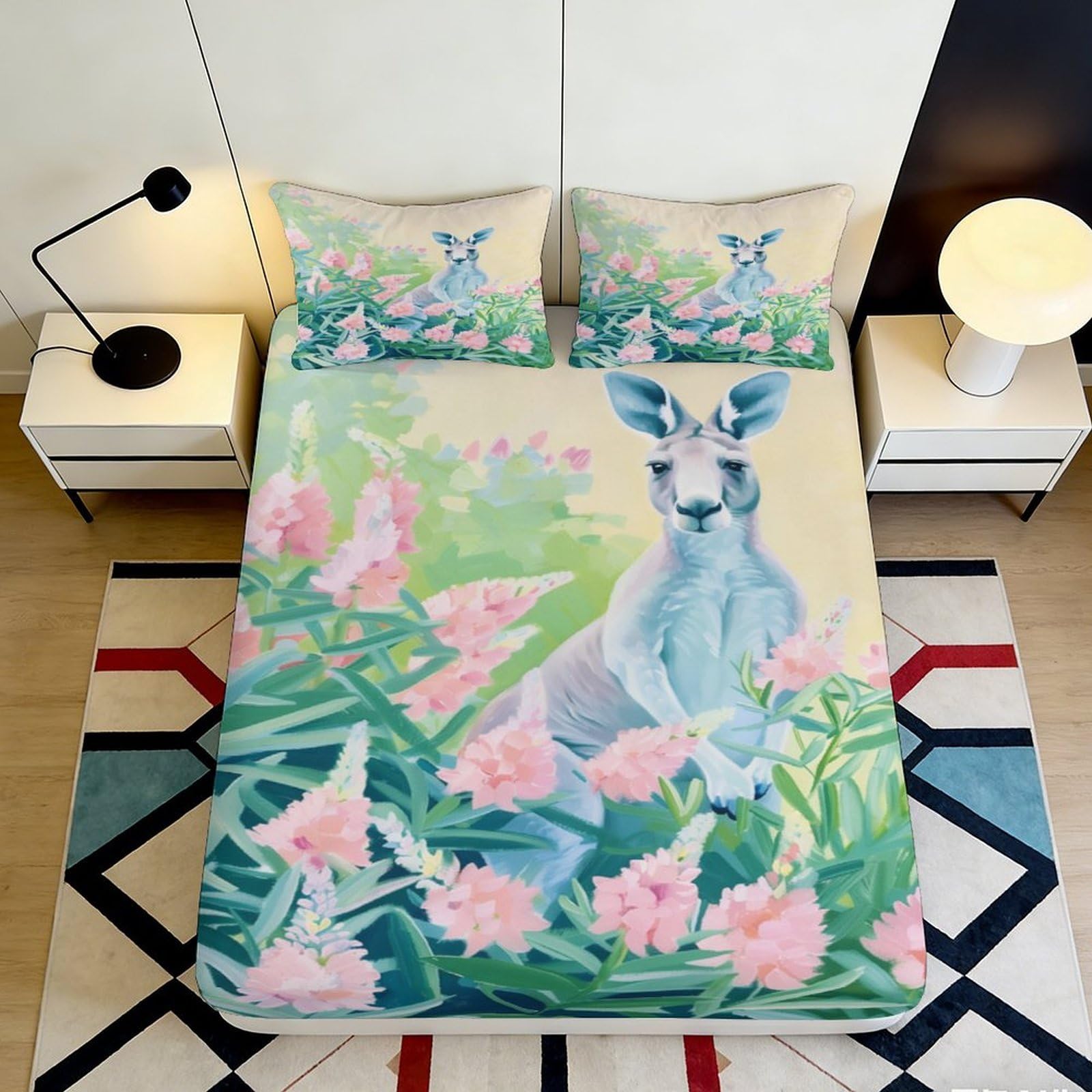 3D Printed Pastel Rabbit Fitted Sheet Microfiber Floral Meadow Mattress Cover for Bedroom Guest Room Decor 90x200x25cm