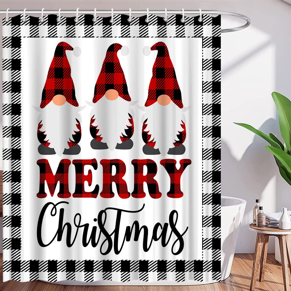 AMHNF Rustic Christmas Shower Curtain Black Gray Buffalo Plaid Cute Gnome Elf Merry Christmas Winter Holiday Vintage Farmhouse Seasonal Festival Bathroom Decor Fabric Curtain with Hooks