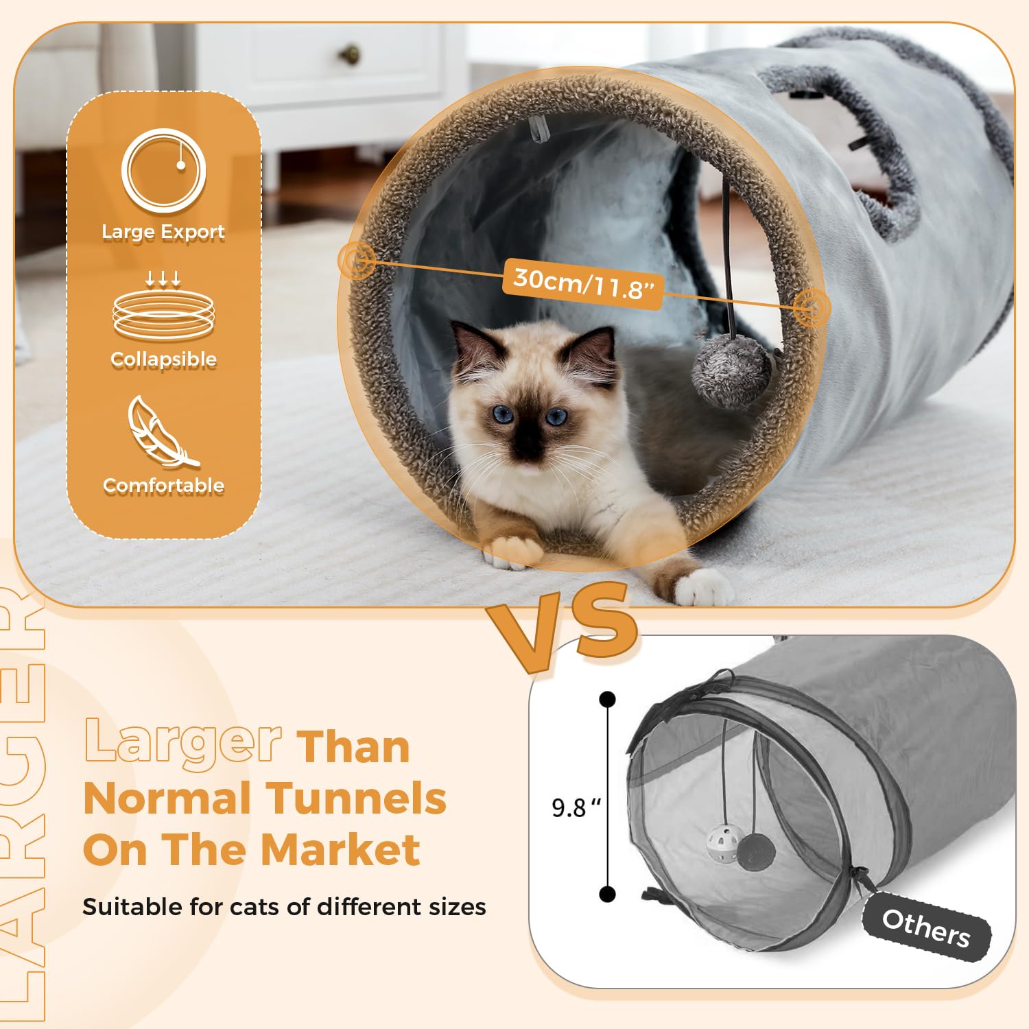 OHANA Jouet Tunnel pour Chat en Daim, Grand Tunnel a Chat Pliable avec 2 Trous et Boule Suspendue pour Chats Chatons Lapins Dia30 * 67cm