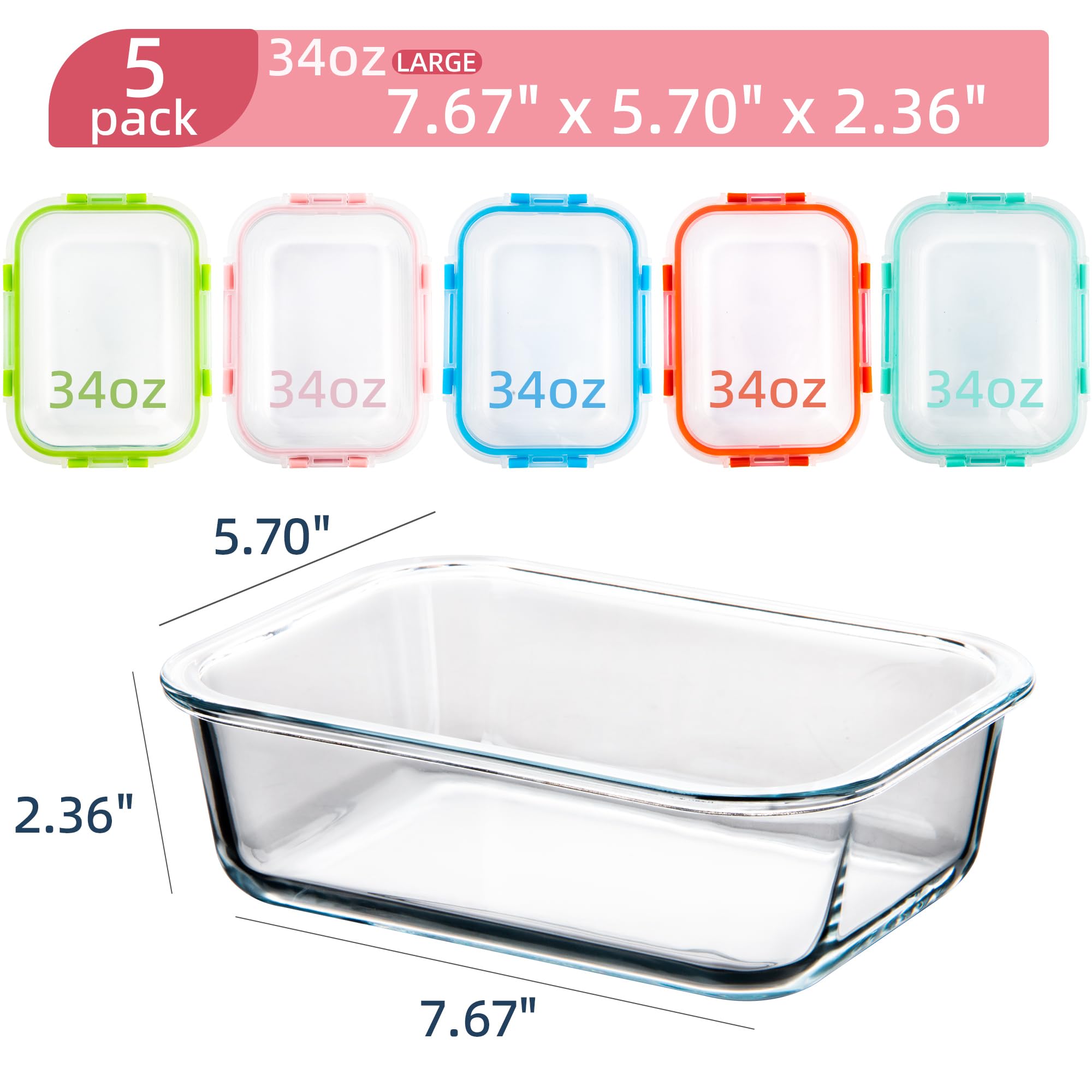 Recipientes de vidrio para preparación de comidas con tapas (paquete de 5, 34 onzas), recipientes de vidrio para almacenamiento de alimentos para almuerzo en el trabajo, recipientes de