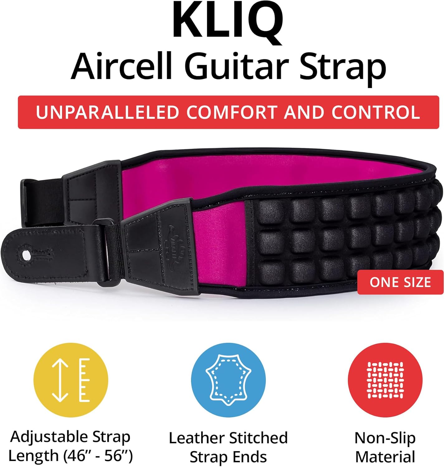 KLIQ AirCell Guitar Strap for Bass & Electric Guitar with 3" Wide Neoprene Pad and Adjustable Length from 46" to 56" (Regular), Magenta