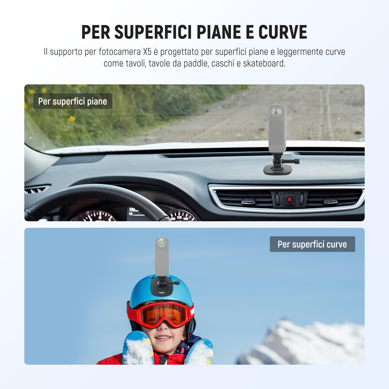 NEEWER Supporto Adesivo da 2pz Compatibile con Insta 360 GoPro DJI AKASO Action Camera, Base Attacco Casco Auto Flessibile a 180° per Riprese Video POV Live Streaming, per Accessori da 1/4", CA159