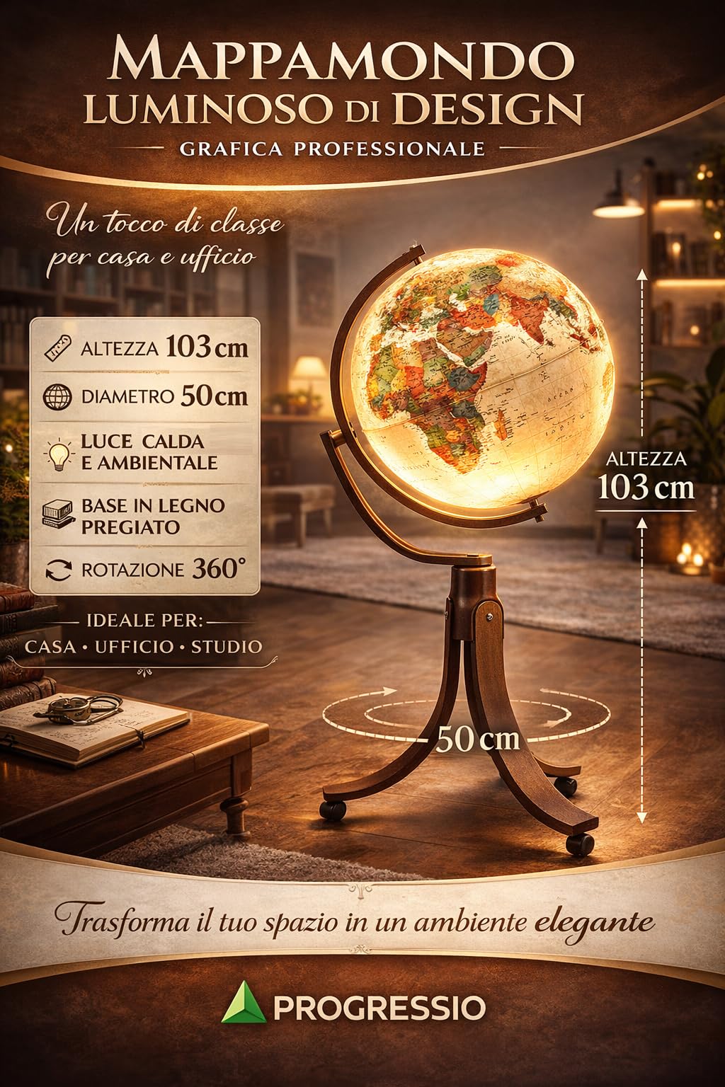 Mappamondo Luminoso da Terra con Base in Legno di Faggio, Cartografia Stile Antico, Diametro 50 cm, Altezza 103 cm, Emily Antique Progressio