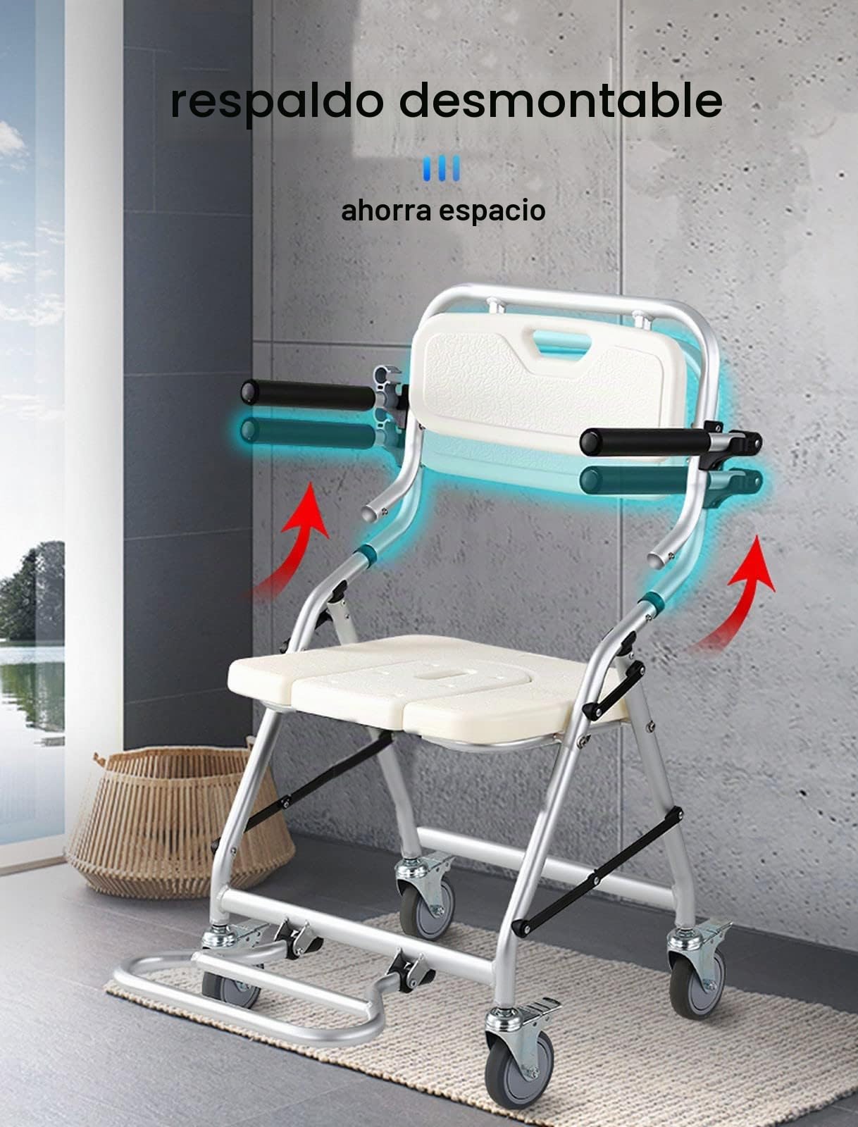 Silla para Ducha con Ruedas Plegable, Taburete de Ducha con Respaldo Extraíble y Apertura en Forma de U, Sillas de Ruedas para Tomar Una Ducha, Ideal para Ancianos, Mujeres Embarazadas