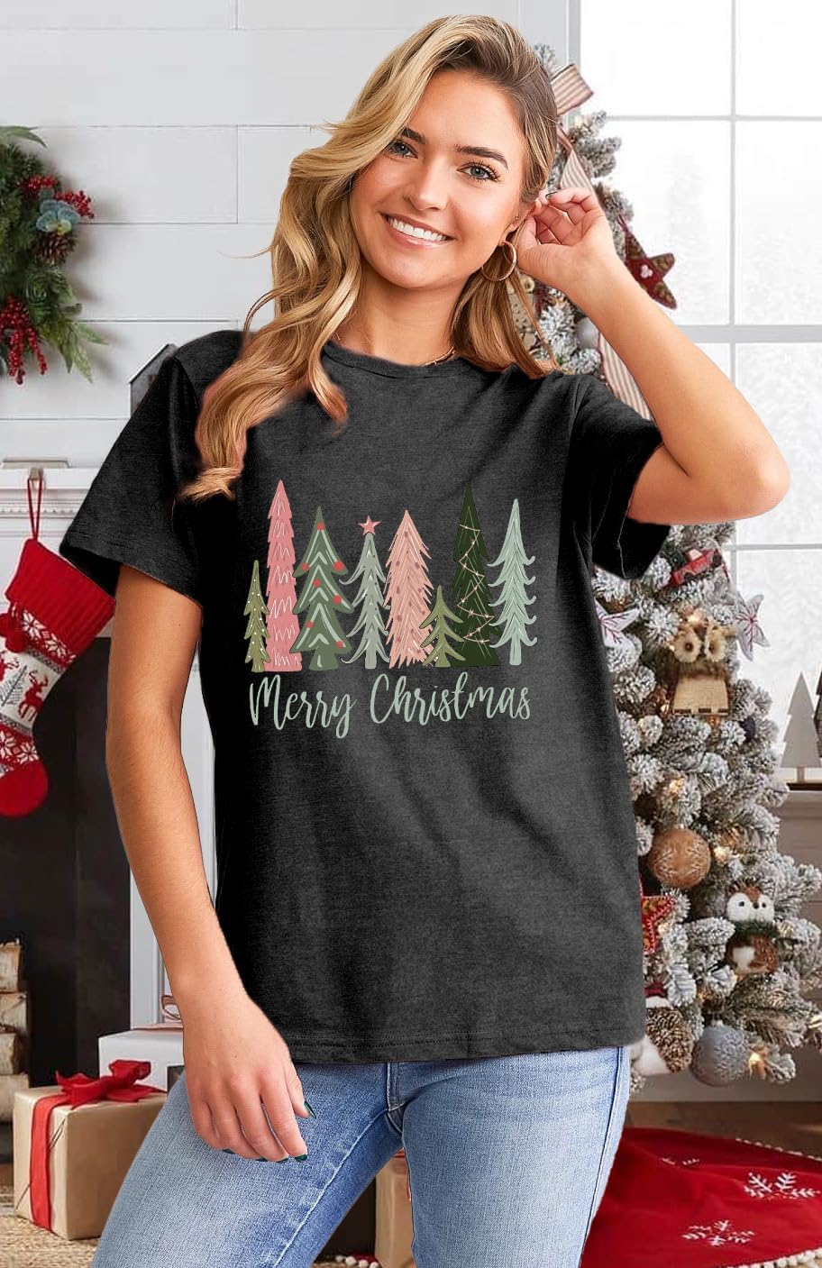 LBP Merry Christmas Shirt for Women Merry and Bright Christmas T-Shirt Xmas Holiday Tee Tops - Image 2