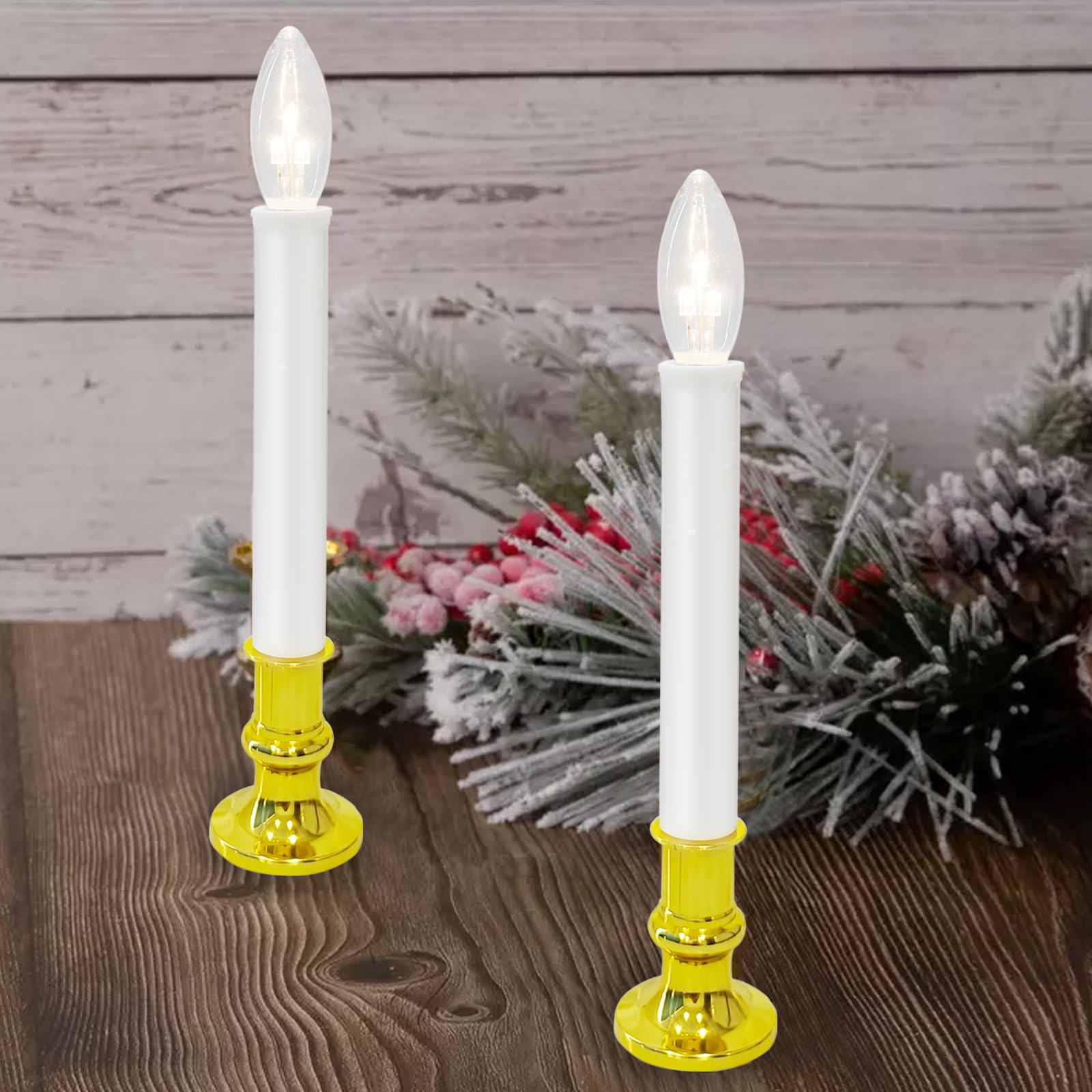 4 Pack Christmas Window Candles - Battery Operated LED Candles With Timer & Gold Base