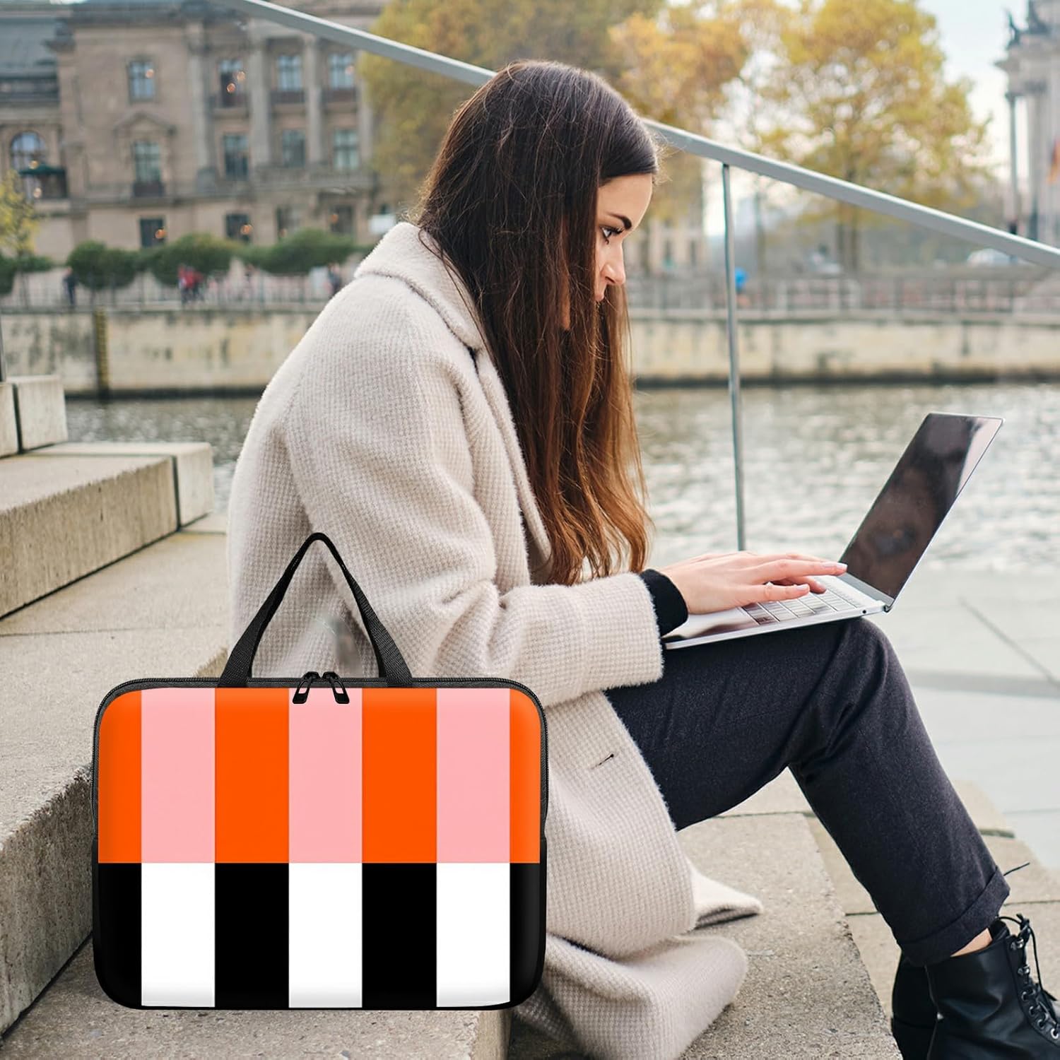Laptop Sleeve Case Bag 15 inch, Orange Black White Stripes Slim Carrying Case Handbag Travel Laptop Bag for 15 inch MacBook Air M3/M2/15 Pro/Surface Laptop 7/6/5/4/3/ Dell XPS 15 Plus