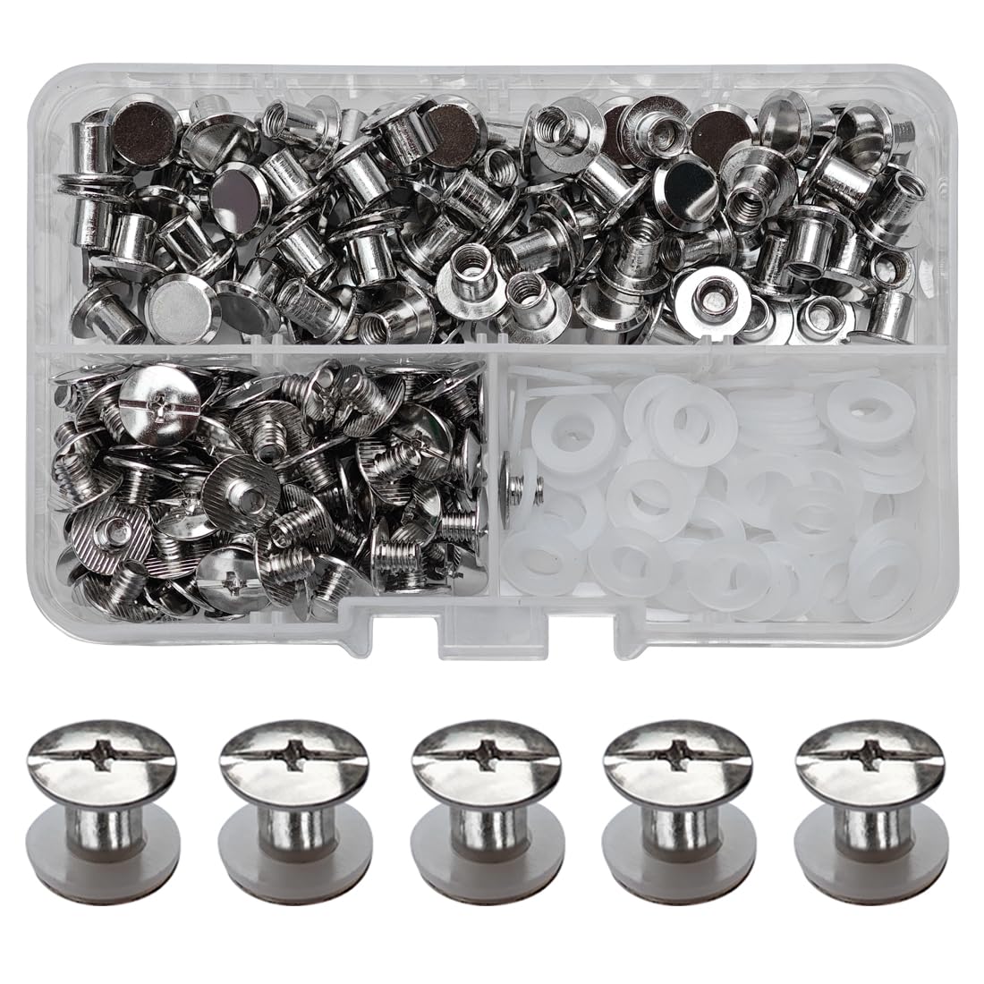 SHSMPXOY 90 Set Chicago Screws Posts for Leather Rivets M5*6mm Chicago Book Binding Screws Rivets Cross Head Chicago Button Screws for DIY Book Scrapbook Bookbinding Bags,Collars(Silver)
