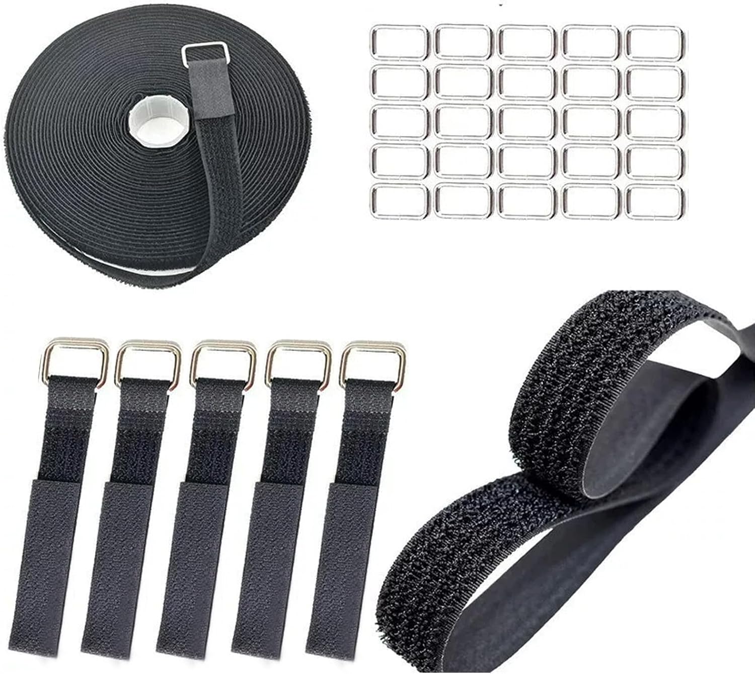 1 Inch x 16 Ft Hook and Loop Straps with 25 Metal Buckles - 50lbs Heavy Duty Reusable Cable Ties, Adjustable Cut-to-Length Securing Straps for Cord Management, Outdoor Gear & DIY (Black)