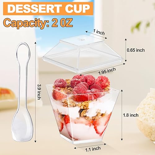 Miniatura 2 de Jeffbaubl Vasos de postre, paquete de 100 unidades de plástico de 2 onzas, diseño cuadrado moderno con tapas y cucharas, apilables, reutilizables,