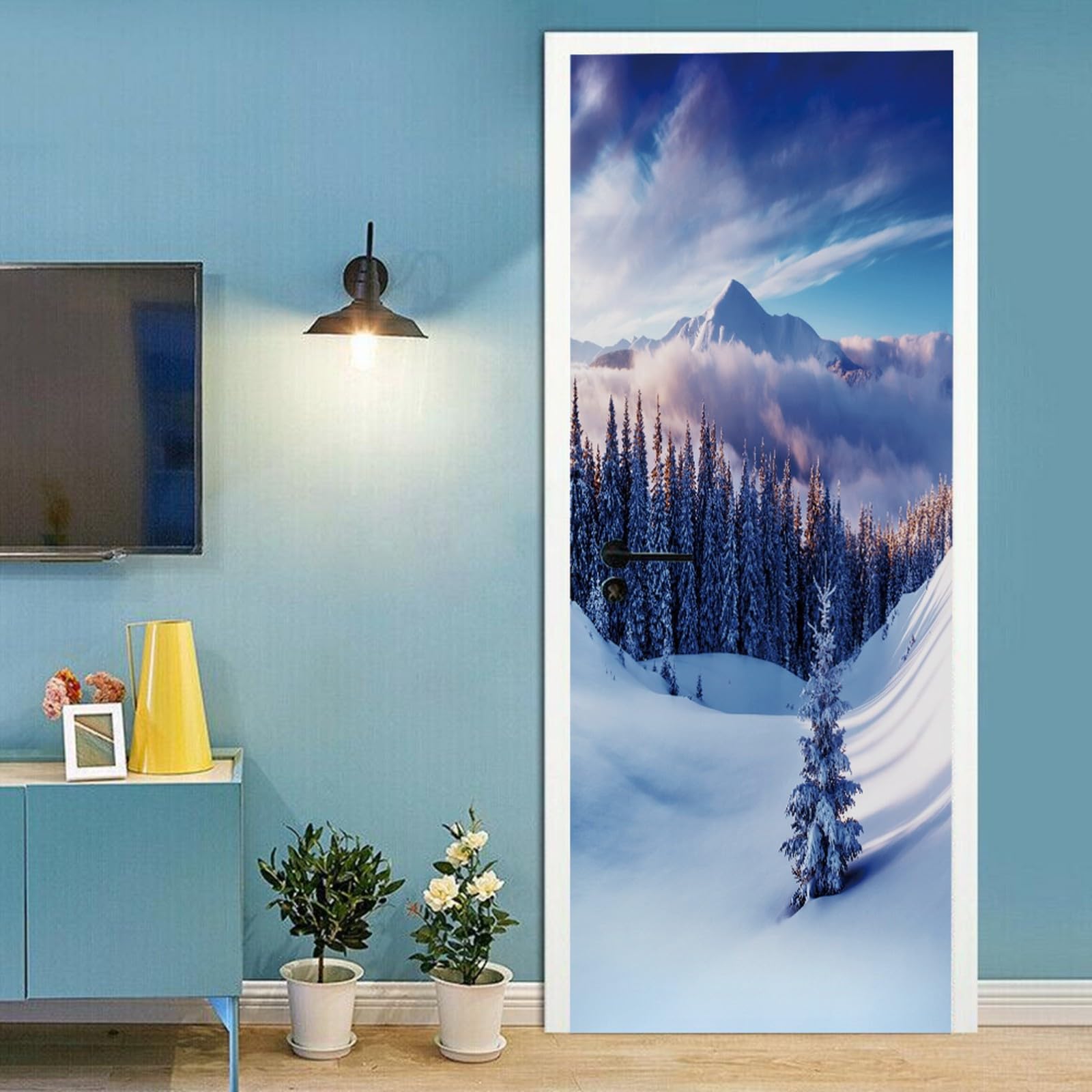 Affiche de porte 3D arbres enneigés papier peint vinyle sticker mural 85x200