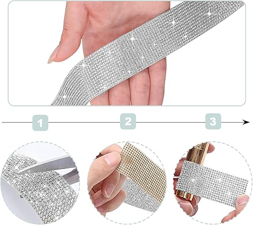 Miniatura 4 de 3 rollos de cinta autoadhesiva de diamantes de imitación de 9 yardas, rollo de cinta de diamantes de imitación de plata con tiras de diamantes
